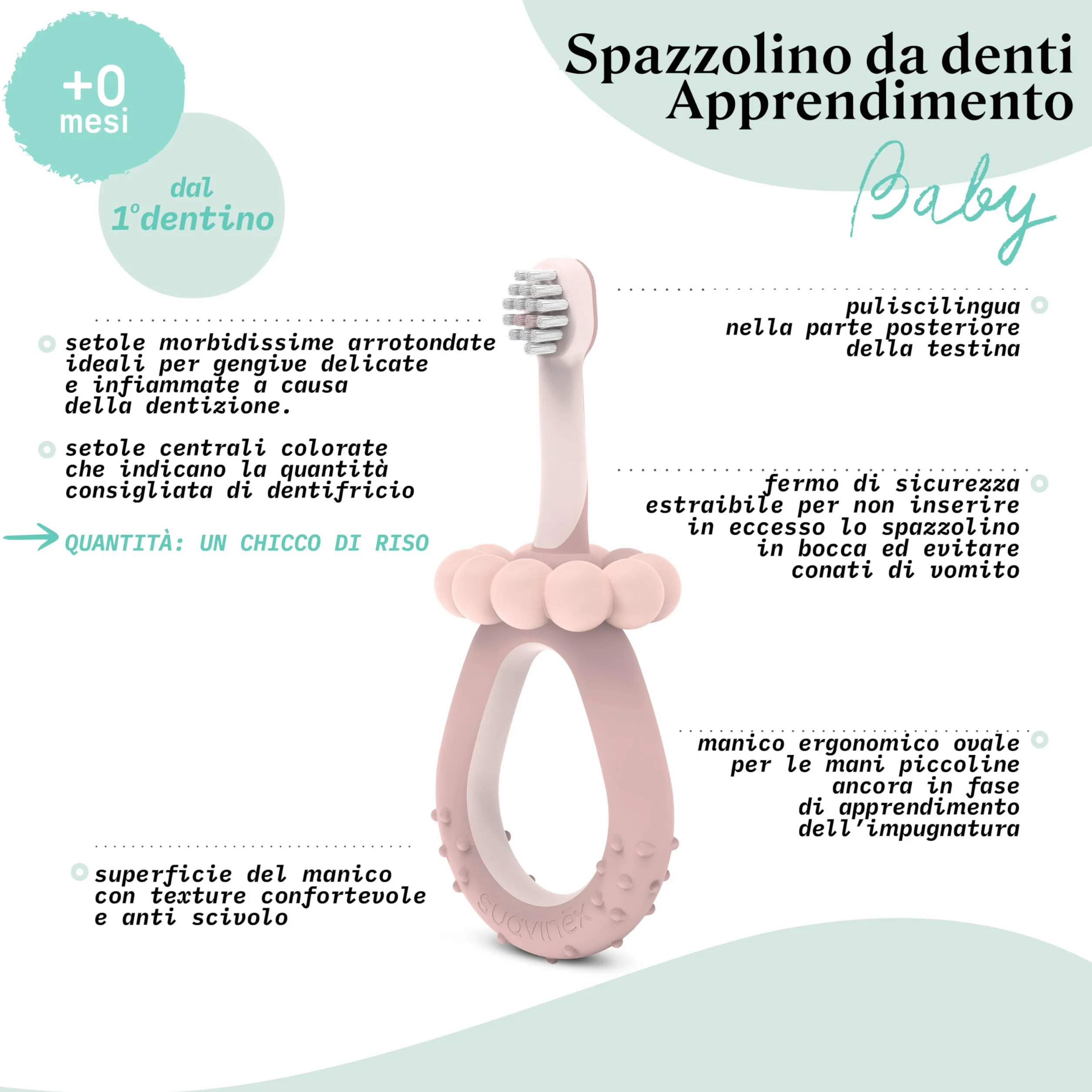 Suavinex, Domowy zestaw do pielęgnacji zębów, w tym: szczoteczka do zębów dla niemowląt + masażer dziąseł + pasta do zębów dla niemowląt, na prezent, ergonomiczne uchwyty, codzienne użytkowanie, +0