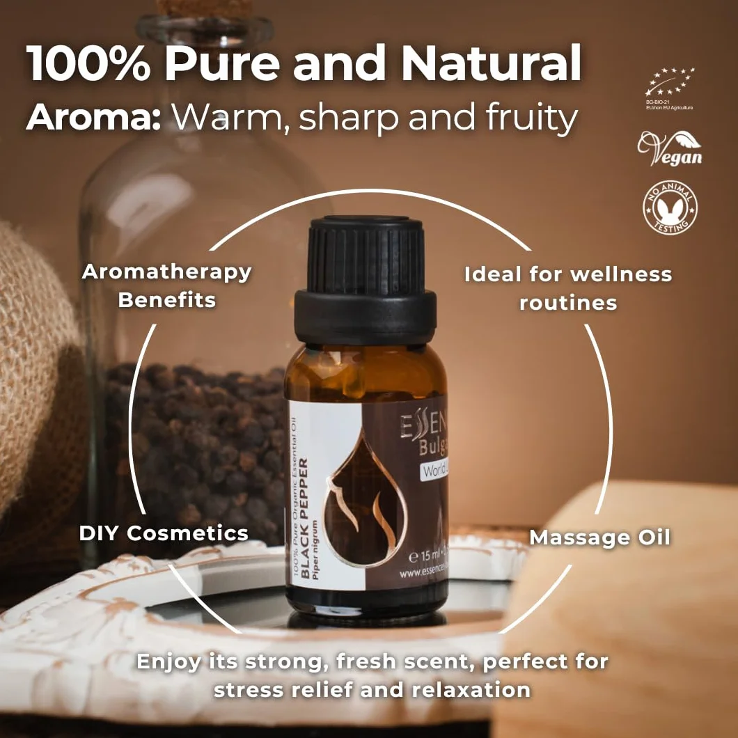 Essences Bułgaria Organiczny Olejek Eteryczny z Czarnego Pieprzu 15 ml | Piper nigrum | 100% Czysty i Naturalny | Nierozcieńczony | Klasa Terapeutyczna| Aromaterapia | Kosmetyki | Bez okrucieństwa