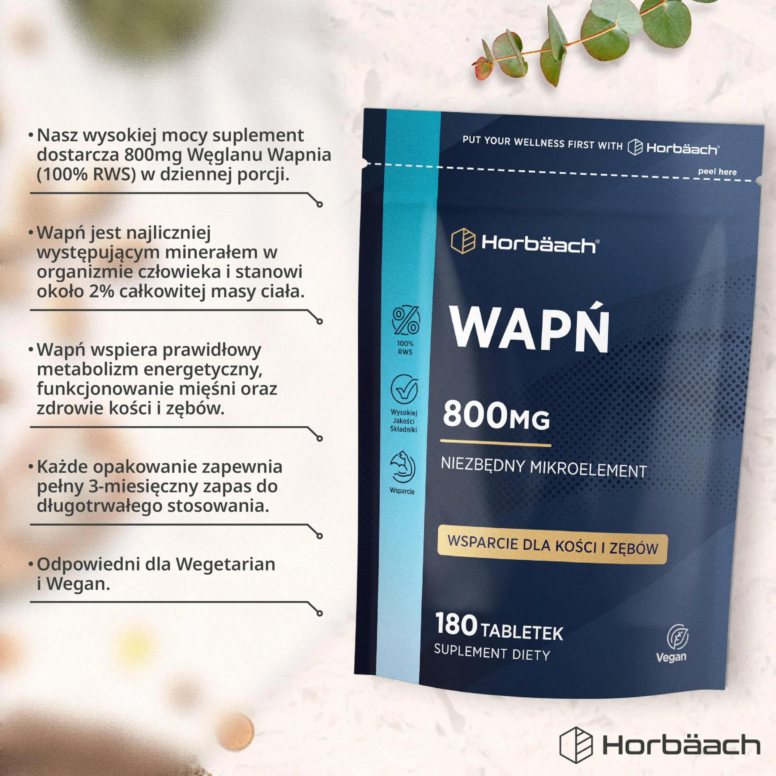 Wapń Tabletki 800mg | Wysoka Dawka Węglanu Wapnia | Suplement Dla Kobiet i Mężczyzn | 180 Wegańskich Tabletek | marki Horbaach