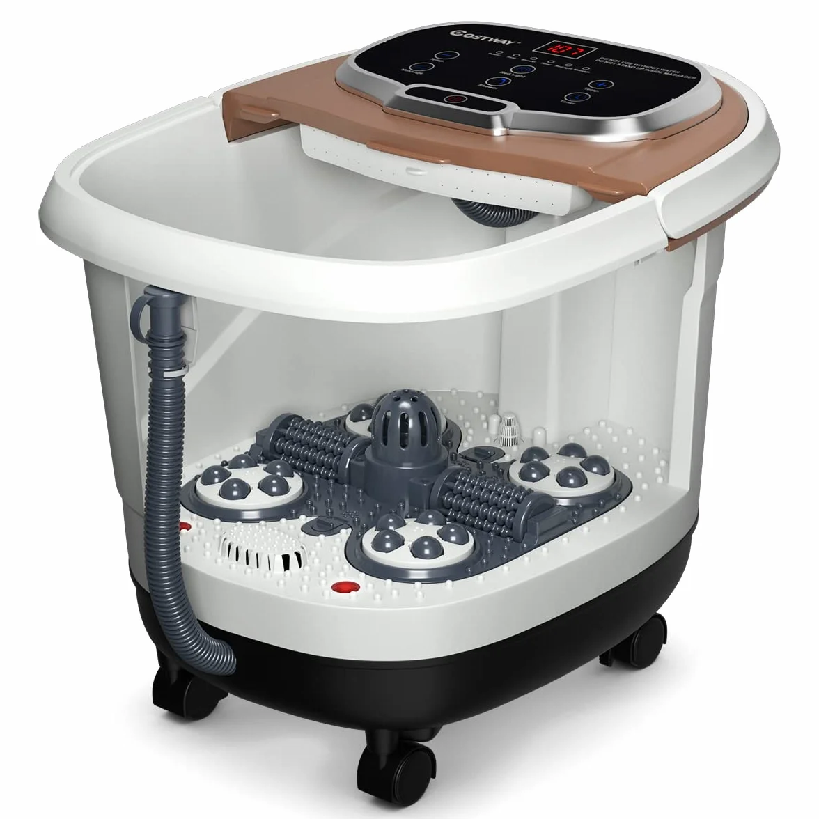 COSTWAY Shiatsu masażer do stóp z kółkami, elektryczne urządzenie do masażu stóp, Shiatsu, masażer stóp, spa, 10-60 min, timer 35-48℃, 500 W (brązowy)