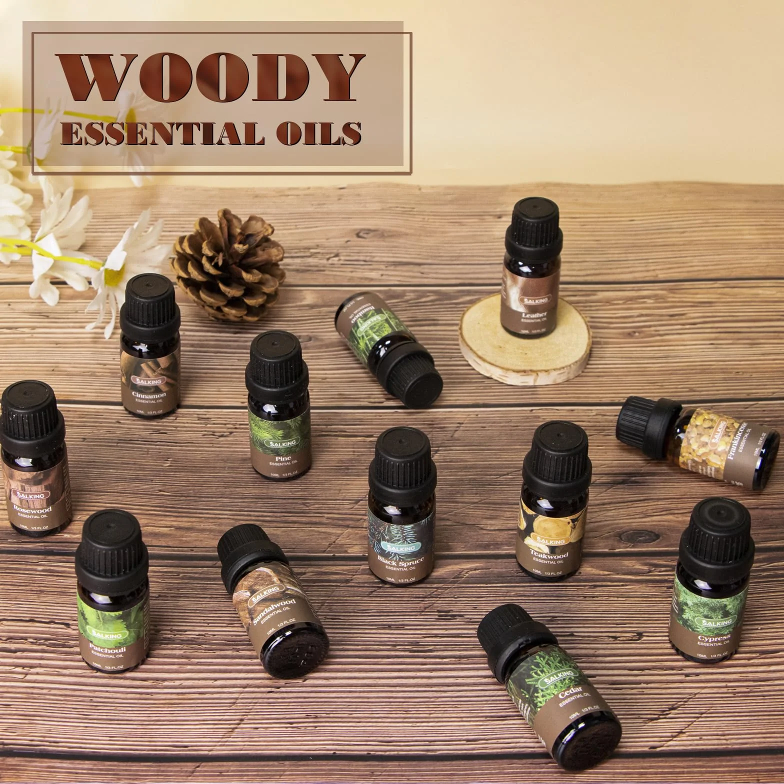 SALKING Woody Olejki eteryczne do dyfuzorów 12 x 10 ml - Frankincense, Teak, Sandal, Cyprys, Cedr, Paczula, skóra, bambus, sosna, sekwoja, cynamon, czerwony świerk, czarny