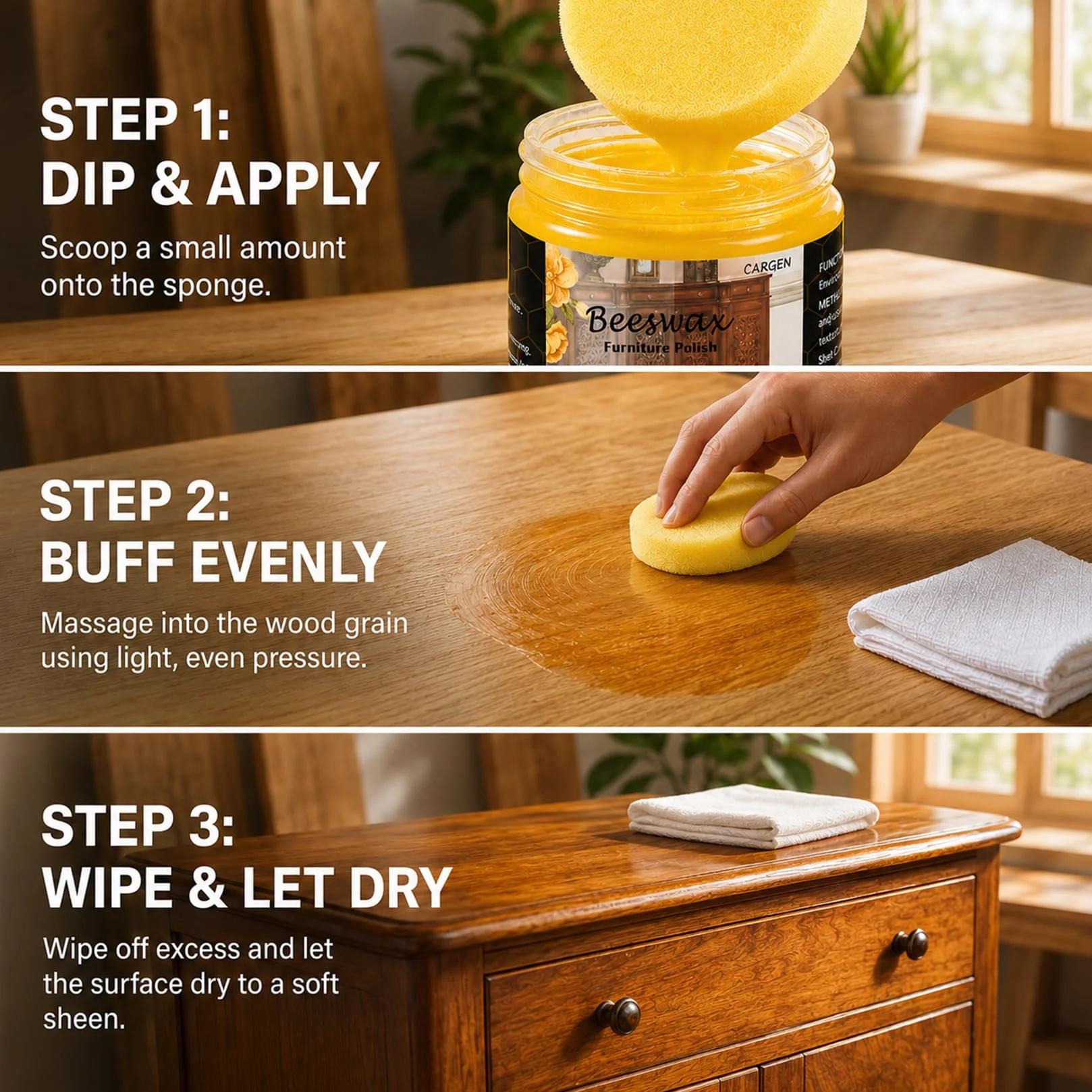 CARGEN Naturalny wosk pszczeli do drewna Wood Seasoning Beewax, 3 szt., tradycyjny, uniwersalny, do polerowania, czyszczenia i pielęgnacji mebli