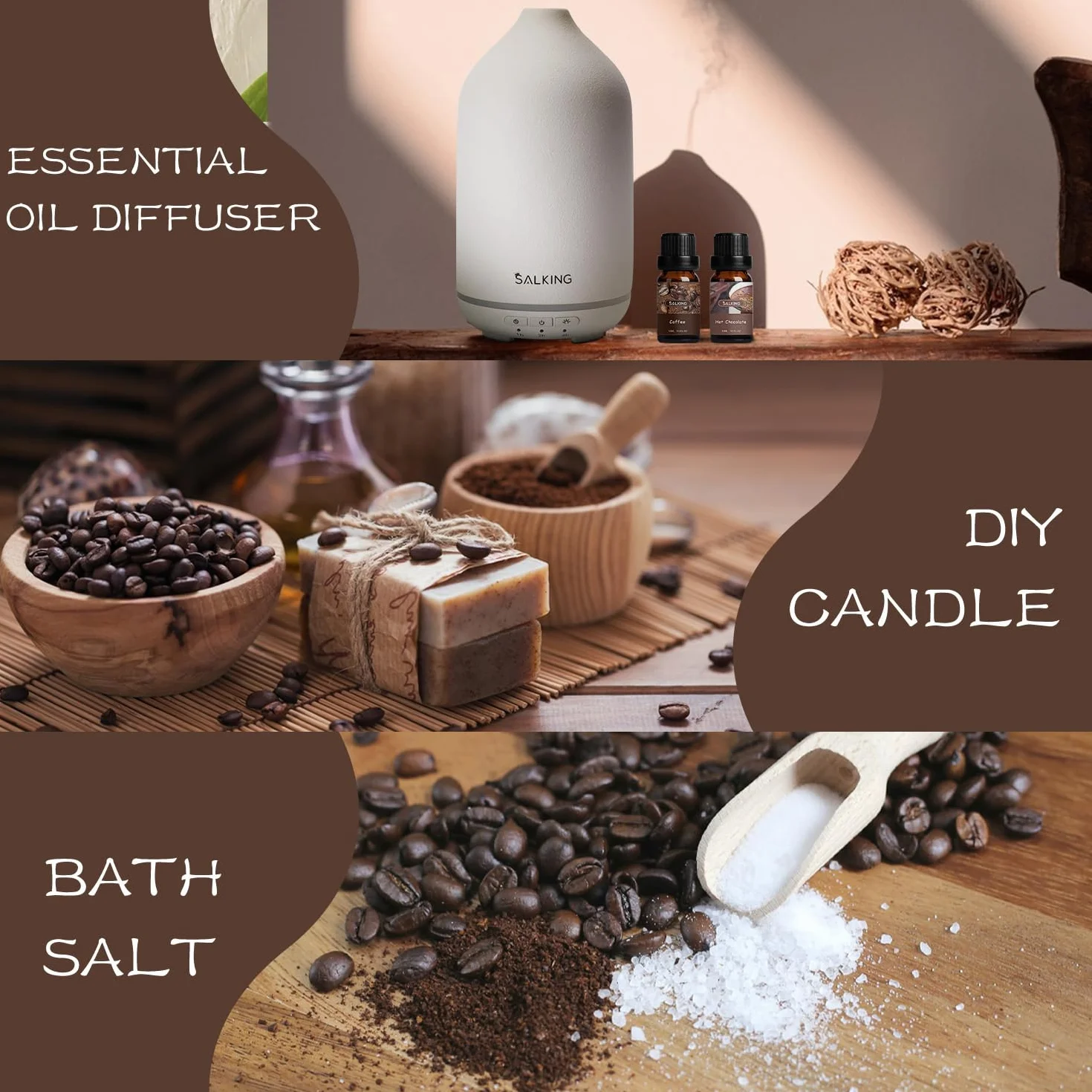 SALKING Café zestaw olejków eterycznych, zestaw prezentowy do aromaterapii, czyste olejki zapachowe do dyfuzora, lampy zapachowe, nawilżacz powietrza, 6 x 10 ml (naleśniki jagodowe, kawa, latte