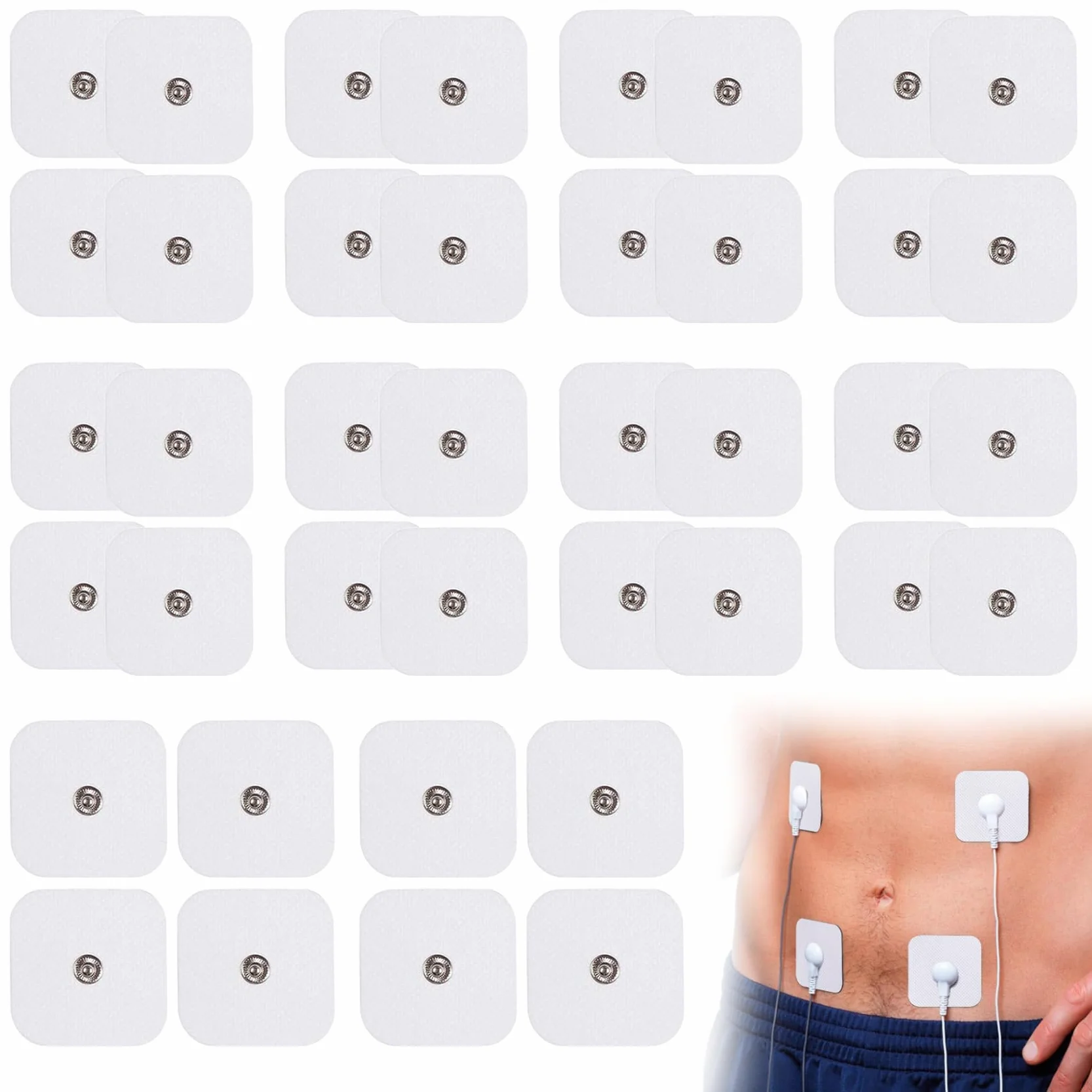 32 sztuki podkładek elektrod TENS 5 x 5 cm, wielokrotnego użytku, samoprzylepne elektrody żelowe z przyciskiem 3,5 mm, uniwersalne do terapii bólu i treningu EMS, kompatybilne z urządzeniami