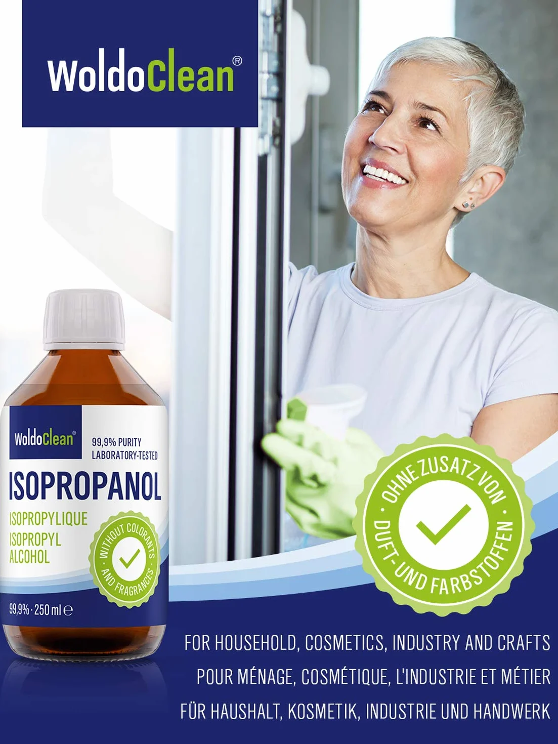 WoldoClean Isopropanol 99,9% alkohol czyszczący 250 ml butelka szklana – IPA wysokiej czystości, bezbarwny i niepozostawiający pozostałości do elektroniki, drukarek 3D, gospodarstwa domowego i prac rę