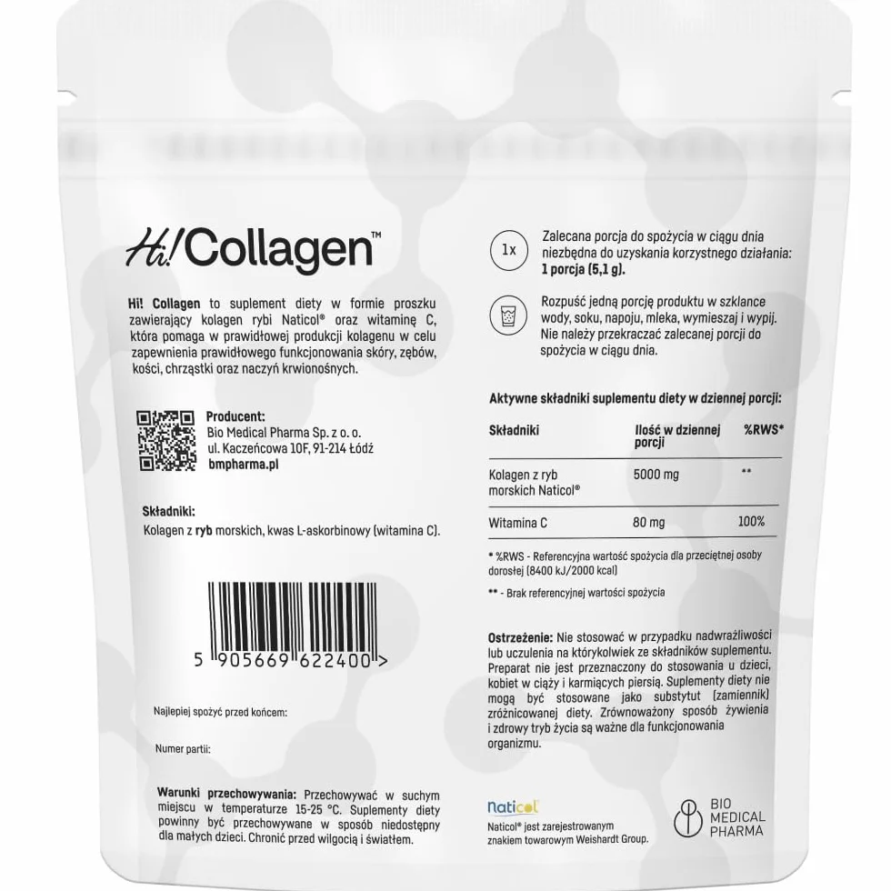 Kolagen morski hydrolizowany w proszku z witaminą C – Naticol 5000 mg, peptydy 2000 Dalton – Typ I i III – Czysty, bez smaku – Hi Collagen (30 porcji, 1 miesiąc)