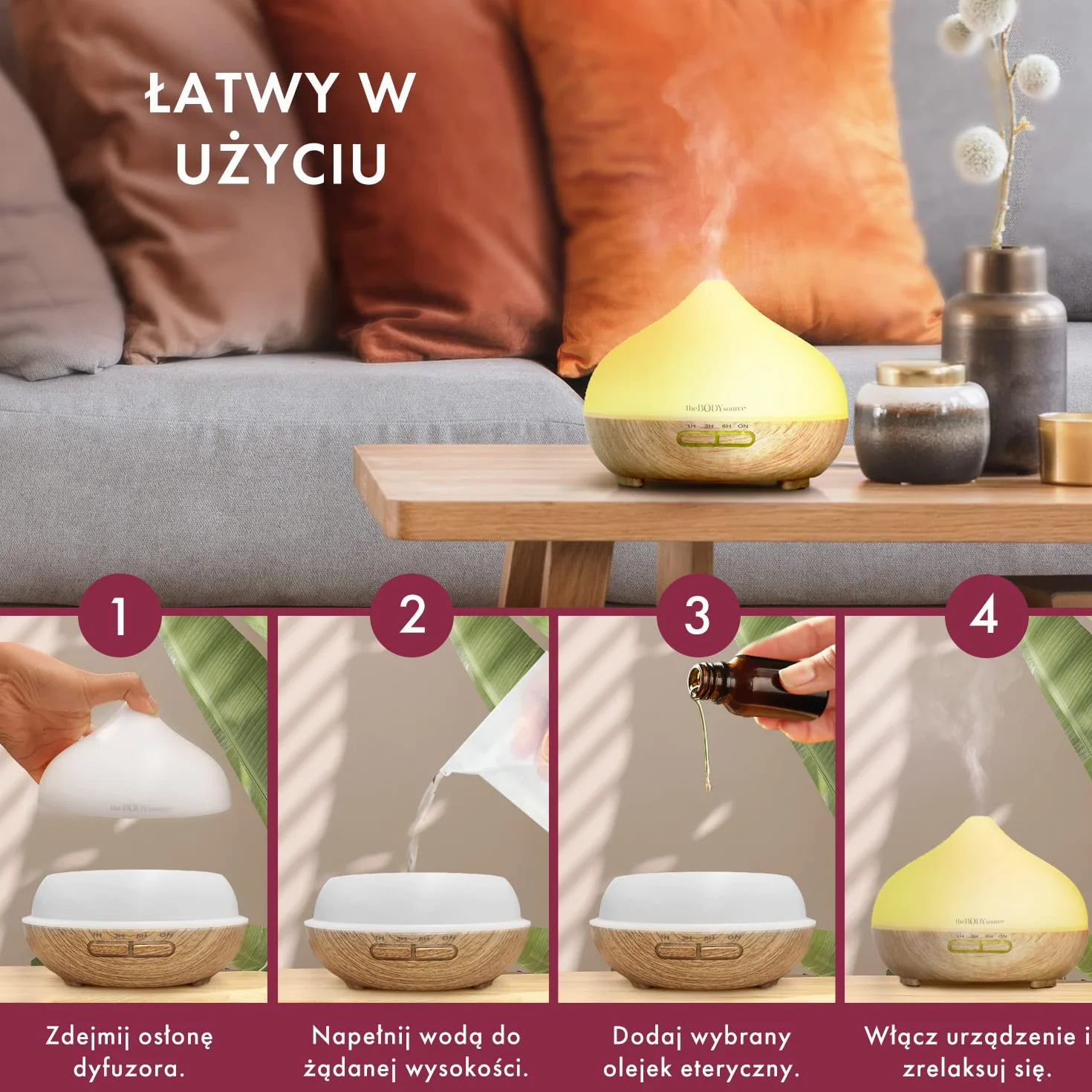 The Body Source Dyfuzor Zapachowy Olejków Eterycznych, Ultradźwiękowa Lampa LED Zapachowa z 7 kolorami, Elektryczny Nawilżacz Powietrza, Timer, Aromaterapia Do Domu, Biura, Pokoju Dziecięcego, 300 ml
