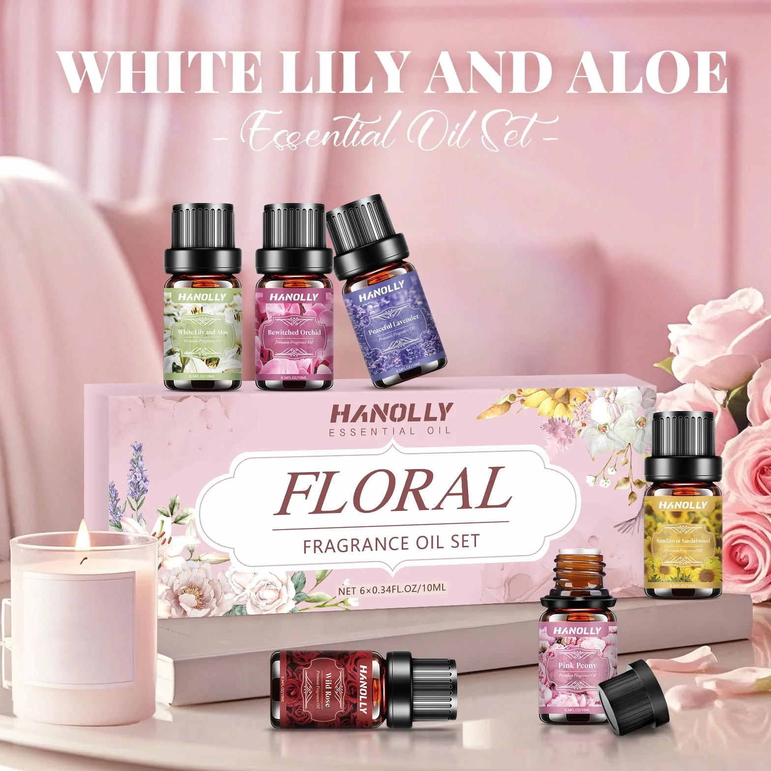 Hanolly 6 x 10 ml Zestaw Kwiatowych Olejków Eterycznych, Naturalne Olejki Zapachowe Do Dyfuzorów – Biała Lilia I Aloes, Różowa Piwonia, Dzika Róża, Słonecznik, Drzewo Sandałowe, Orchidea, Lawenda