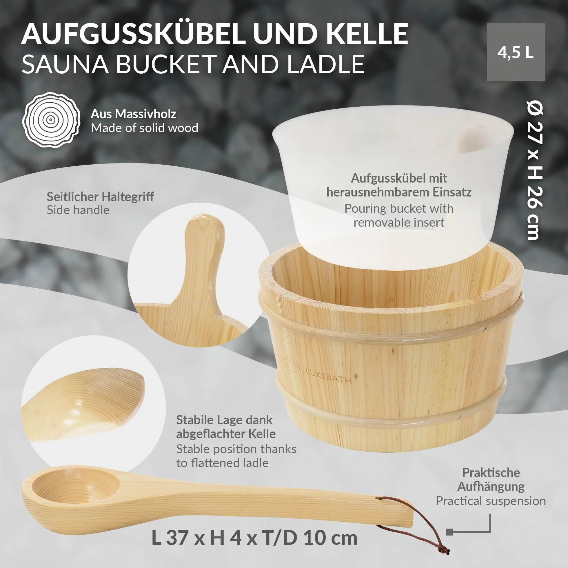 LuxeBath zestaw akcesoriów do sauny z litego drewna sosnowego 4 elementy wiadro do polewania 4,5 l z wkladem chochla termometr higrometr klepsydra 15 minut trwale wyposazenie do domowej sauny