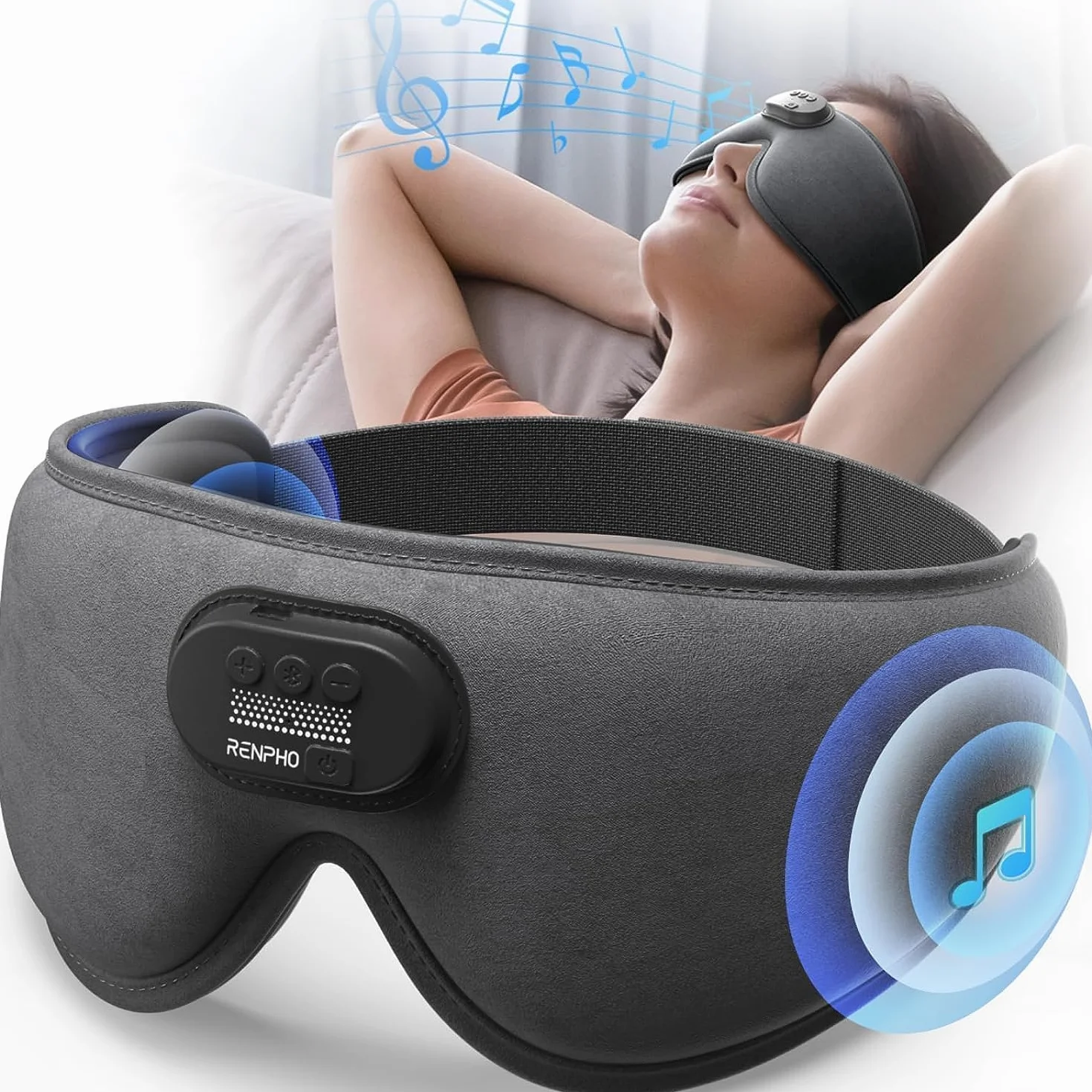 RENPHO Ultra Soft maska do spania z Bluetooth V5.2, słuchawki 3D, bezprzewodowa, dla osób śpiących na boku, komfortowa maska na oczy, biała maska na oczy