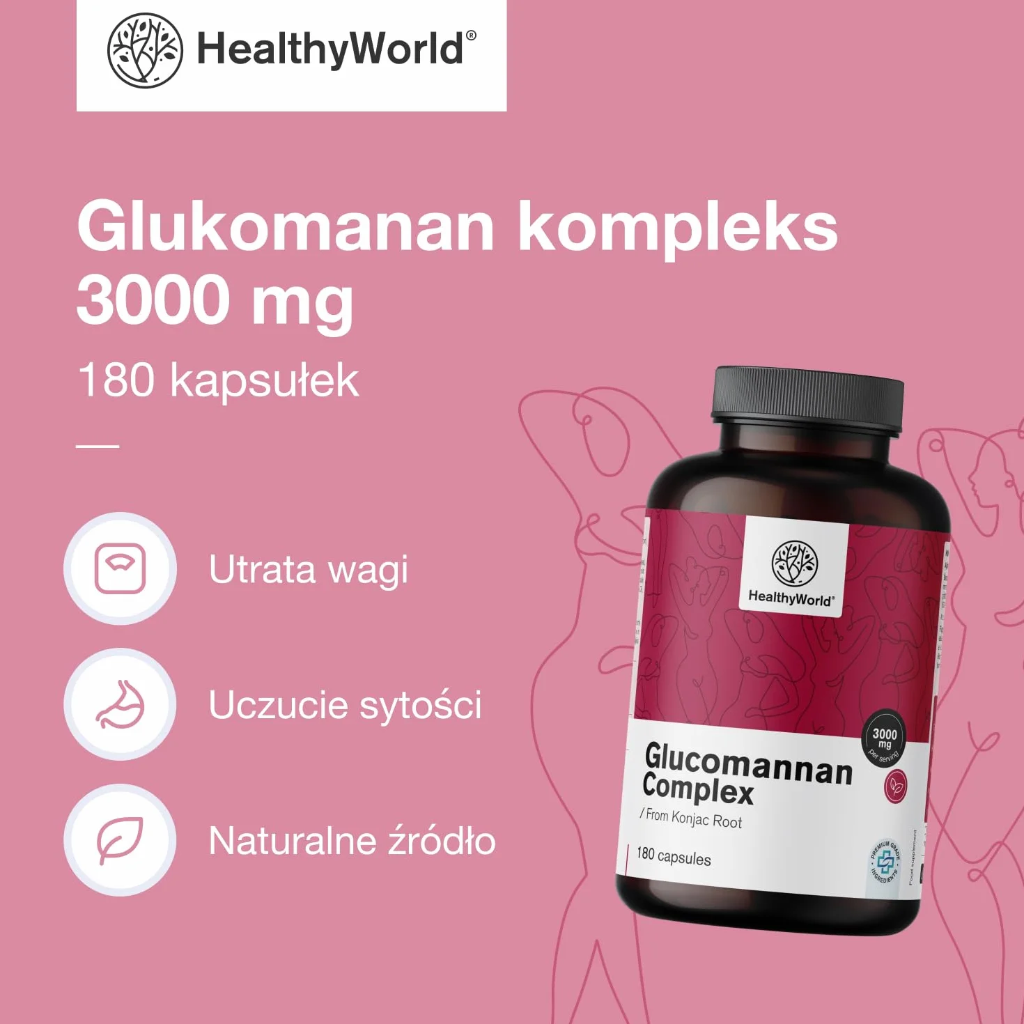 HealthyWorld Glukomanan kompleks 3000 mg 180 kapsułek Z Korzenia Konjac