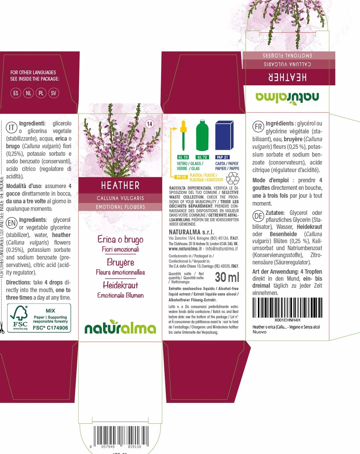 Heather lub Wrzos zwyczajny (Calluna vulgaris) Kwiaty emocji lub Kwiaty Bacha Naturalma - Krople 30 ml - Płynny ekstrakt bezalkoholowy - Esencje kwiatowe - Wegański