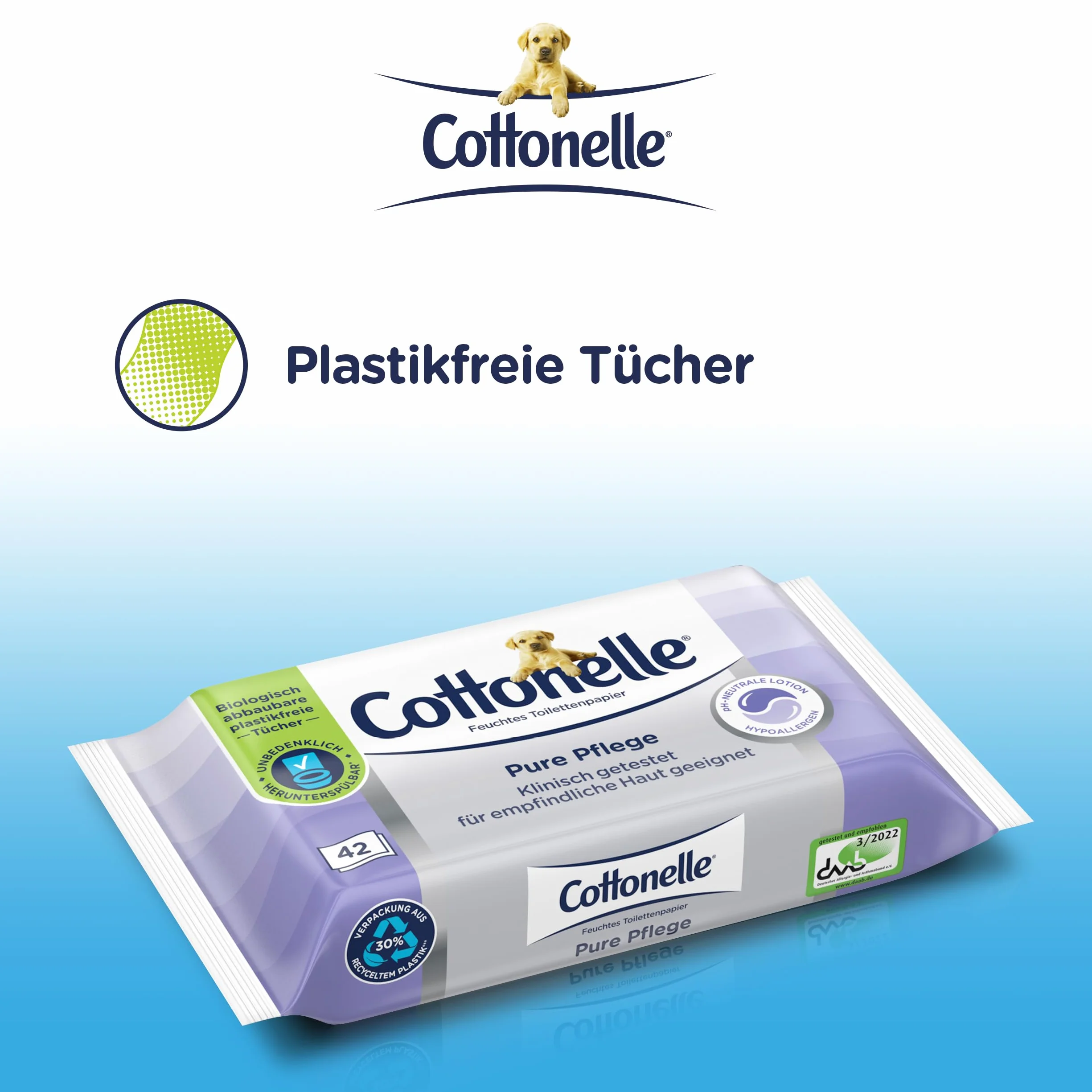 Cottonelle Mokry papier toaletowy Pure Pielęgnacja, ultra czuły, 99% wody, 12 x 42 chusteczki, bezzapachowy i hipoalergiczny