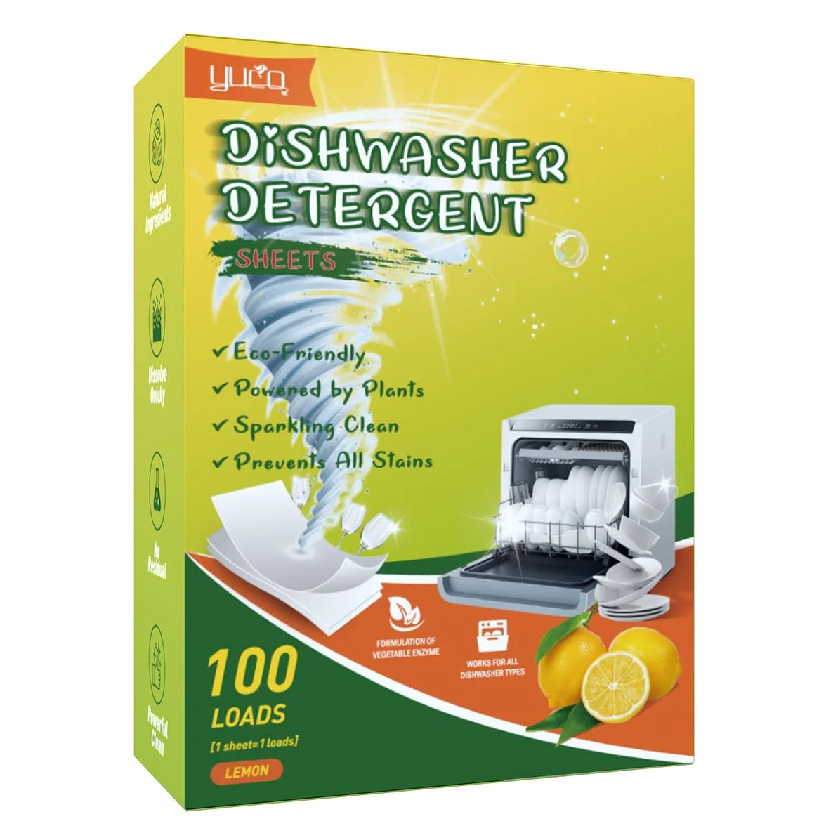100 sztuk arkuszy do mycia w zmywarce, organiczne, bez plastiku, bez środków chemicznych, mocne czyszczenie, szybko rozpuszczalne, bez pozostałości, zapach cytrynowy
