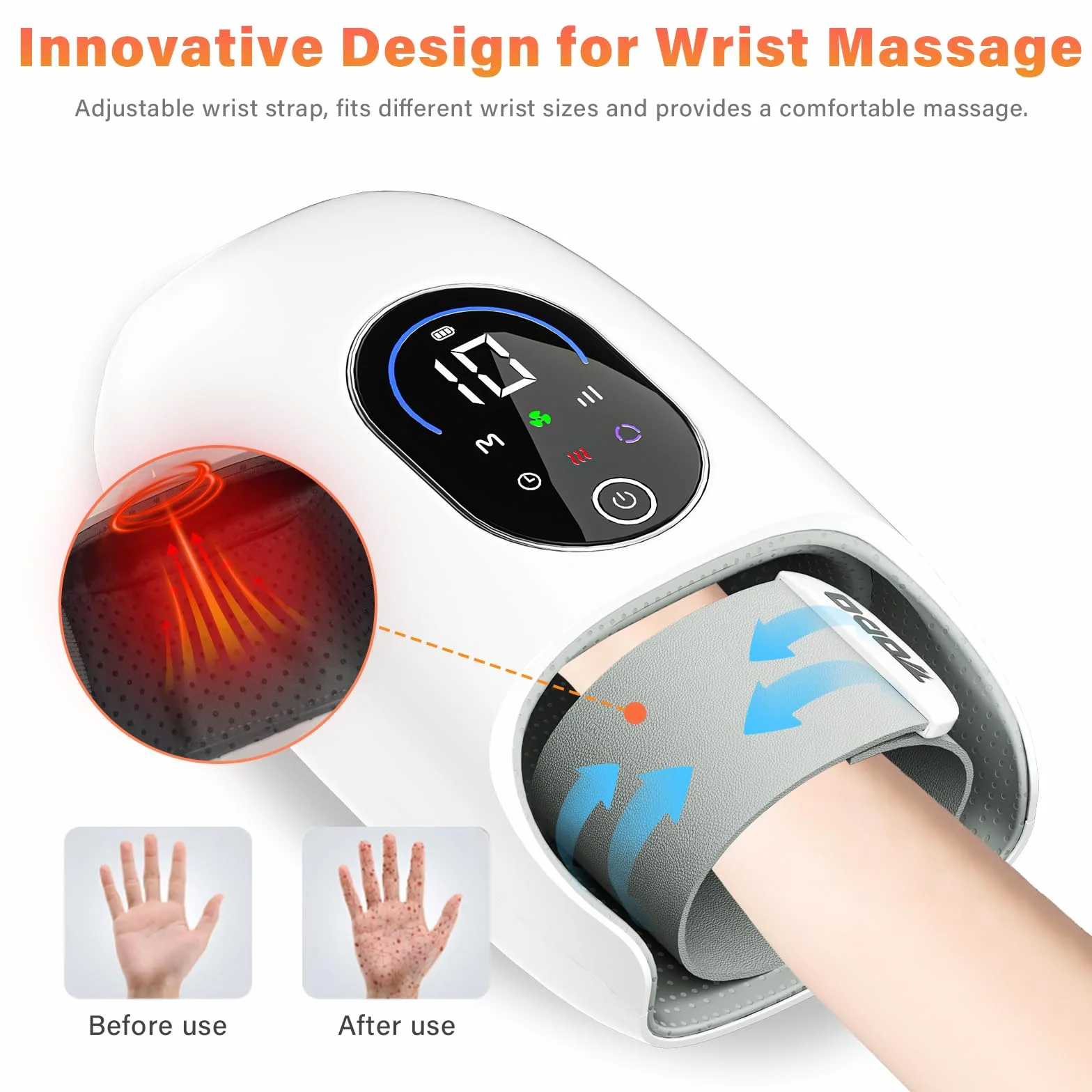 TODO Elektryczny masażer do rąk z ekranem dotykowym, 6-trybów & poziomów intensywności,masaż z funkcją ciepła i zimna,z kompresją i ugniataniem,masaż nadgarstka na artretyzm i zespół cieśni nadgarstka