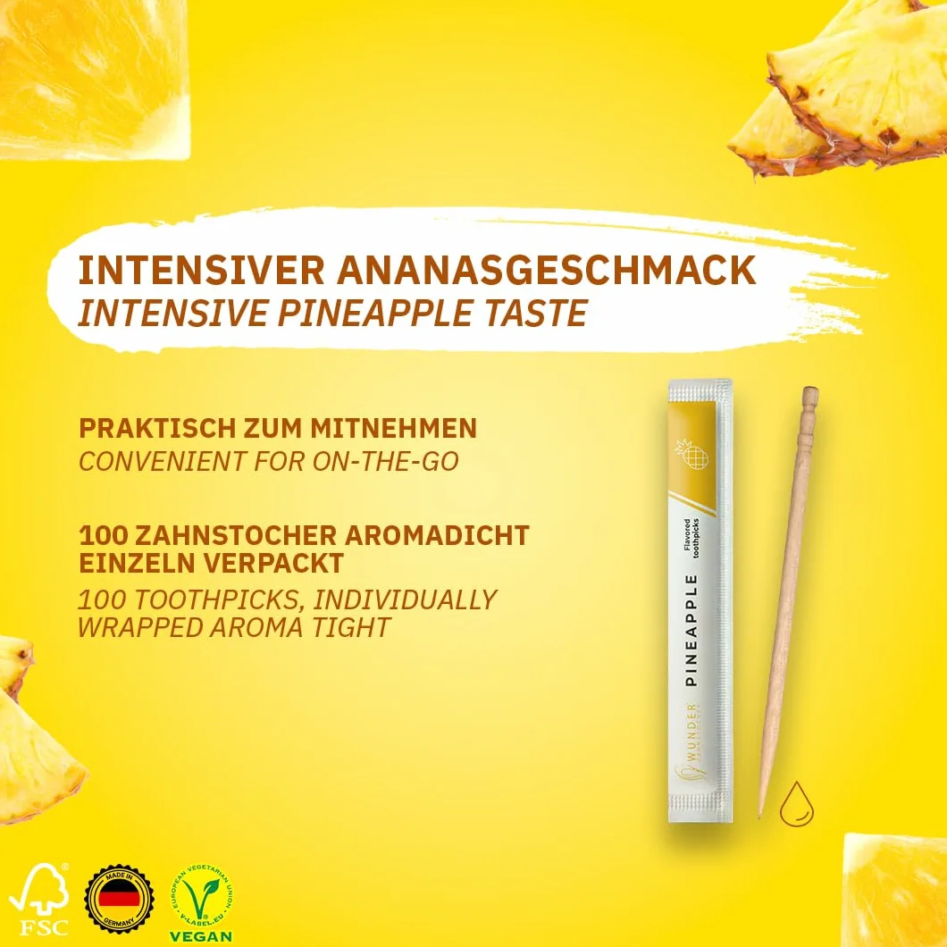 Wunder Wykałaczki o aromacie - 200x indywidualnie zapakowane wykałaczki - dostępne w 7 orzeźwiających smakach - delikatna higiena jamy ustnej - świeży oddech - indywidualnie zapakowane wykałaczki o aromacie (Ananas)