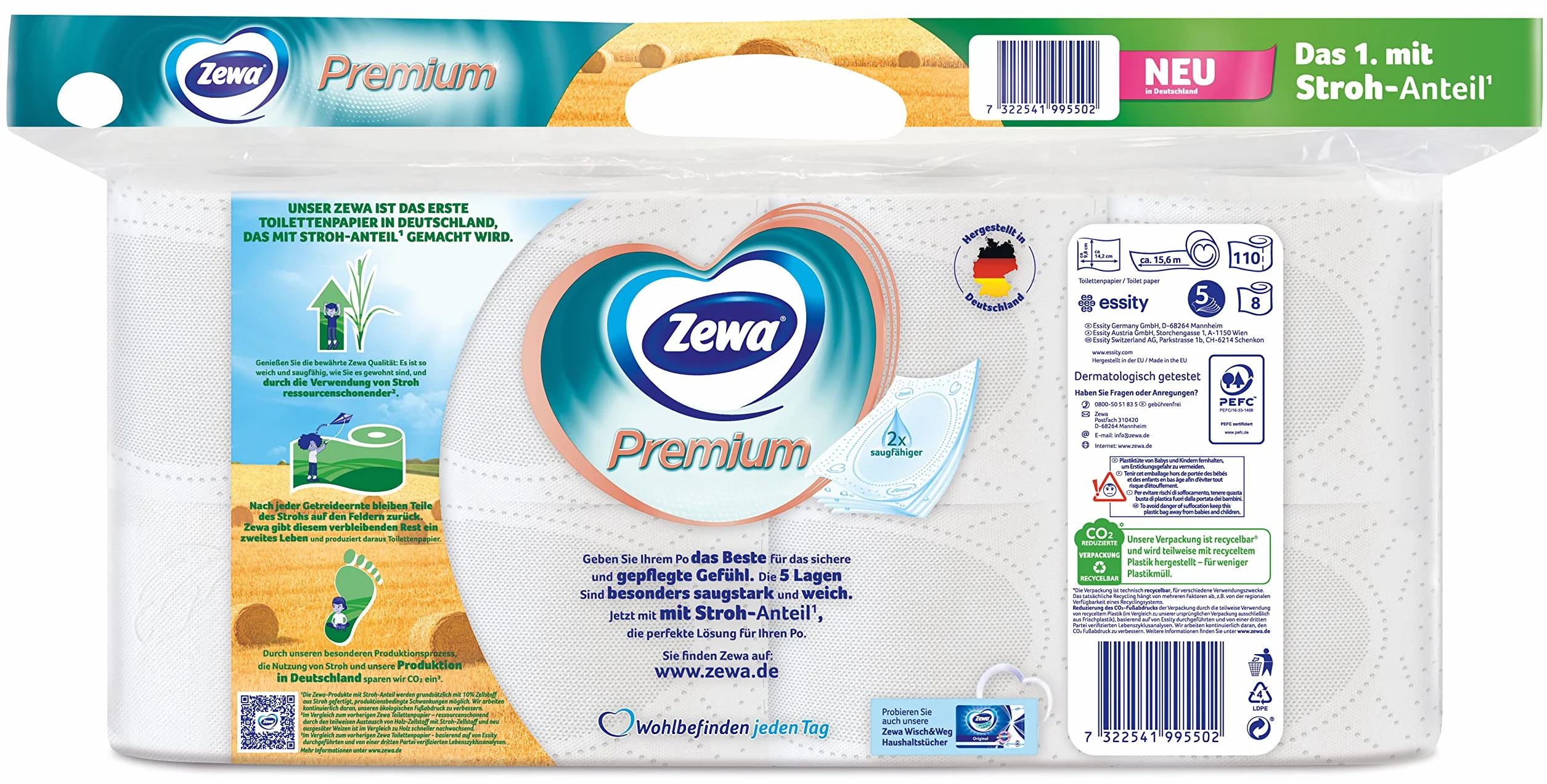 Zewa Papier toaletowy premium ze słomką, 6 x 8 rolek, 5 warstw, opakowanie zbiorcze