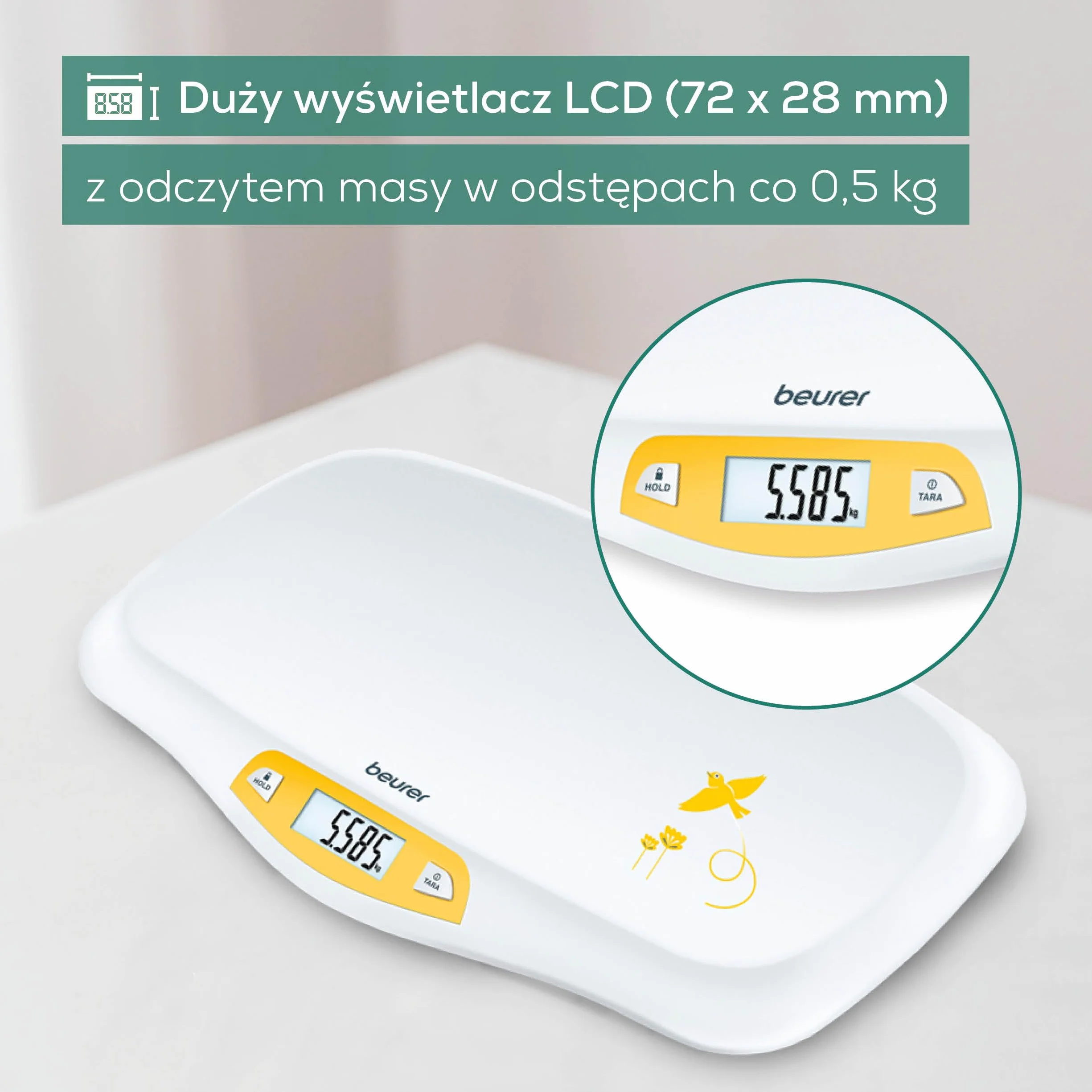 Beurer BY 80 Waga niemowlęca z zakrzywioną powierzchnią, nośność 20 kg, funkcja tarowania i przytrzymywania dla odbijających się dzieci, pomiar i wyświetlanie w krokach co 5 g