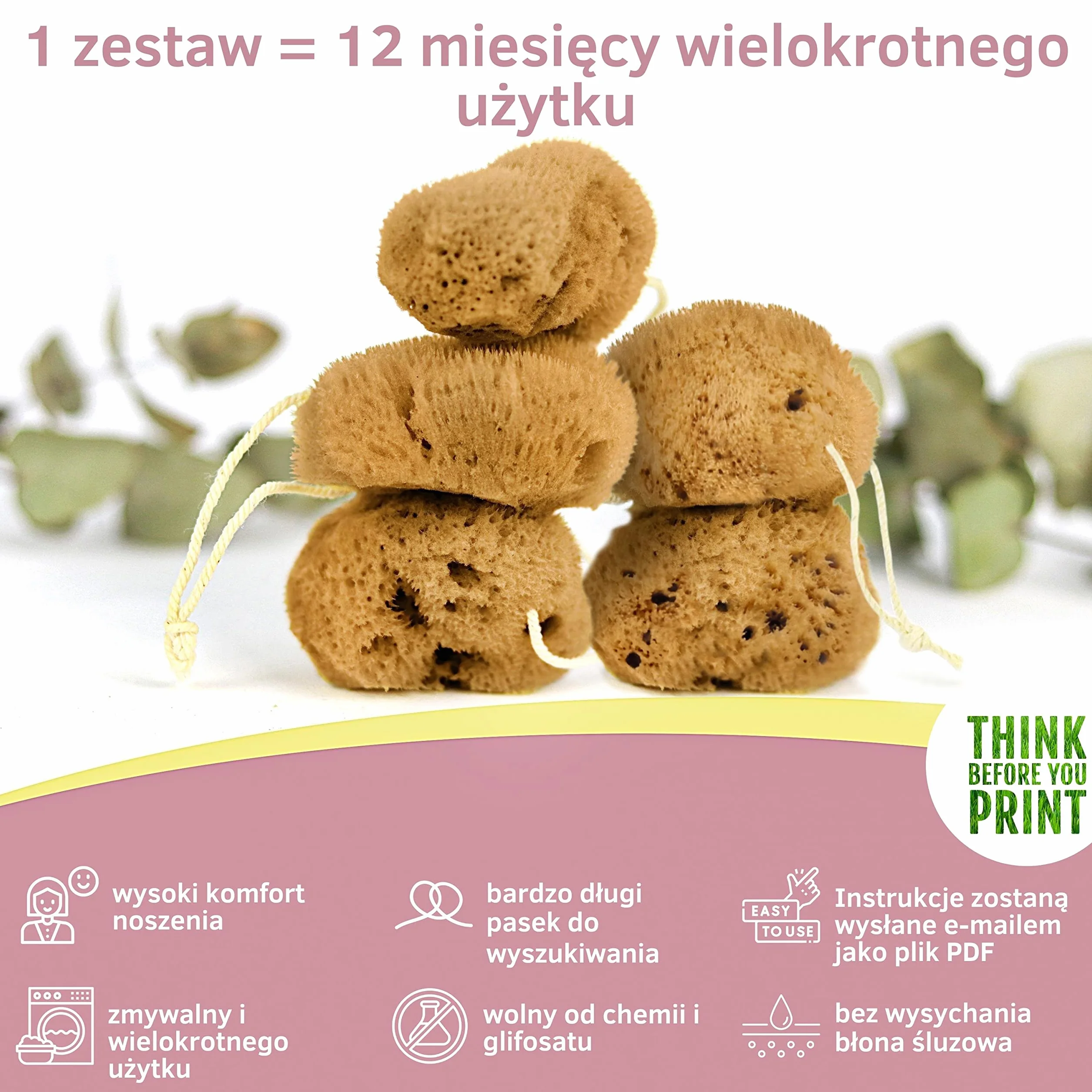 Naturalna gąbka menstruacyjna z nitką alternatywa dla tamponów zmywalna Dermatest doskonały pojemnik podróżny jakość premium Grecja Roz. S 5 x 3-5 cm
