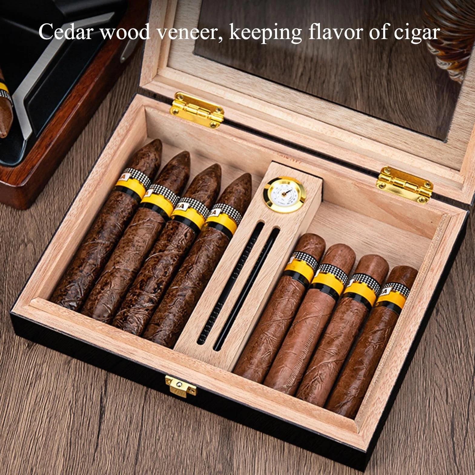 Cigar Humidor Box Cedar Wood Glass Top Humidor With Hygrometer & Humidifier & Divider Hold 15 Cigars For Men Women
