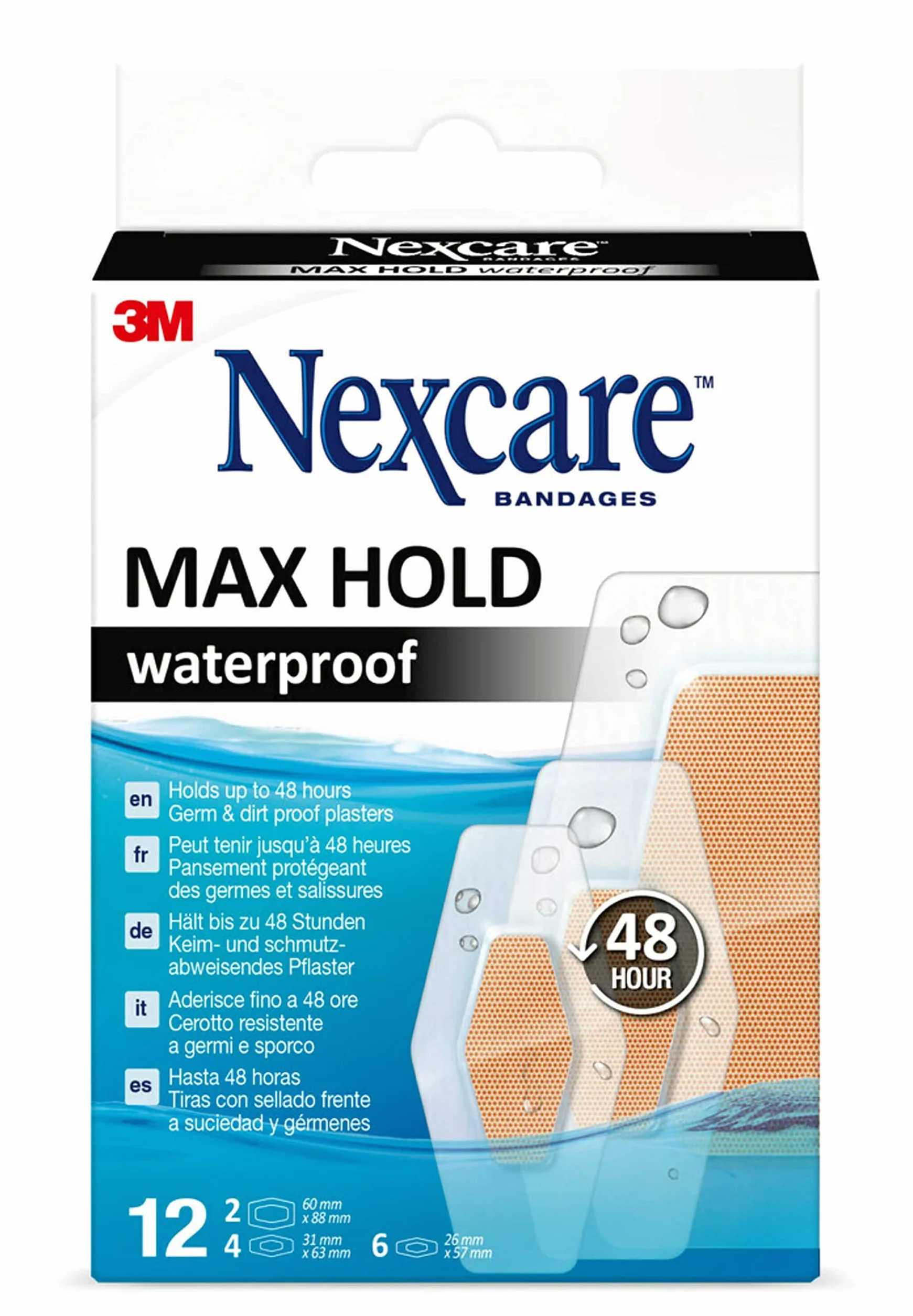 Nexcare Max Hold wodoodporne plastry, różne rozmiary, 12 sztuk, oddychające i wodoodporne na drobne rany, zadrapania, bandaże do aptek pierwszej pomocy