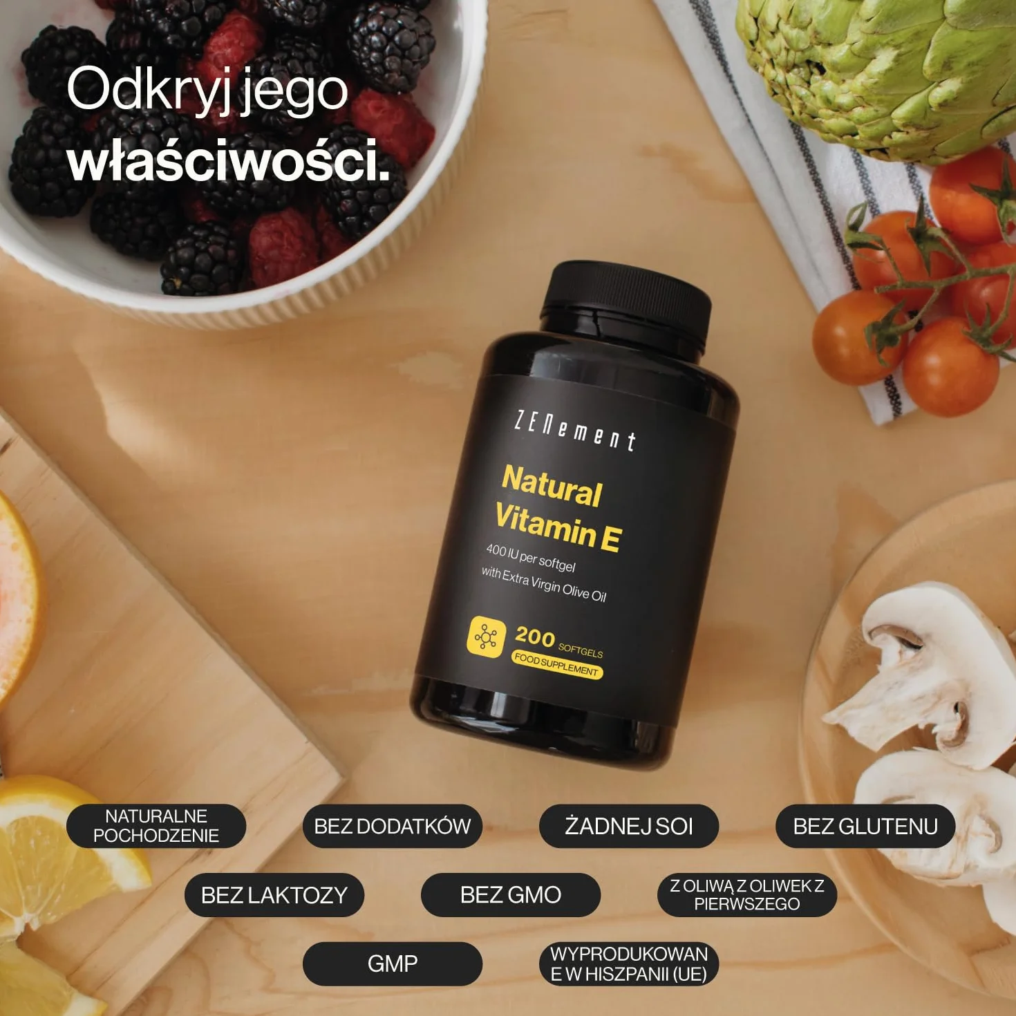 Naturalna witamina E 400 IU, 200 kapsułek miękkich D-alfa-tokoferol z oliwą z oliwek extra virgin Zenement
