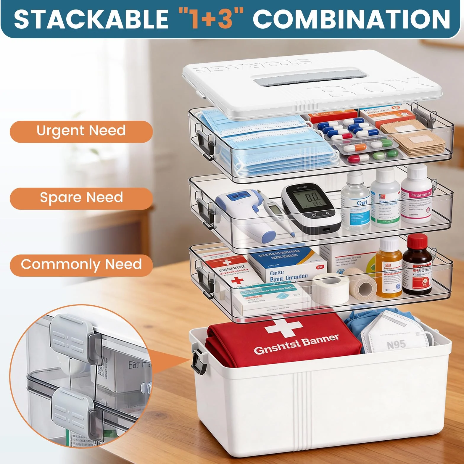 4-poziomowe pudełko na leki 33,5 x 22 x 29 cm ze skórzanym uchwytem organizer na apteczkę domową