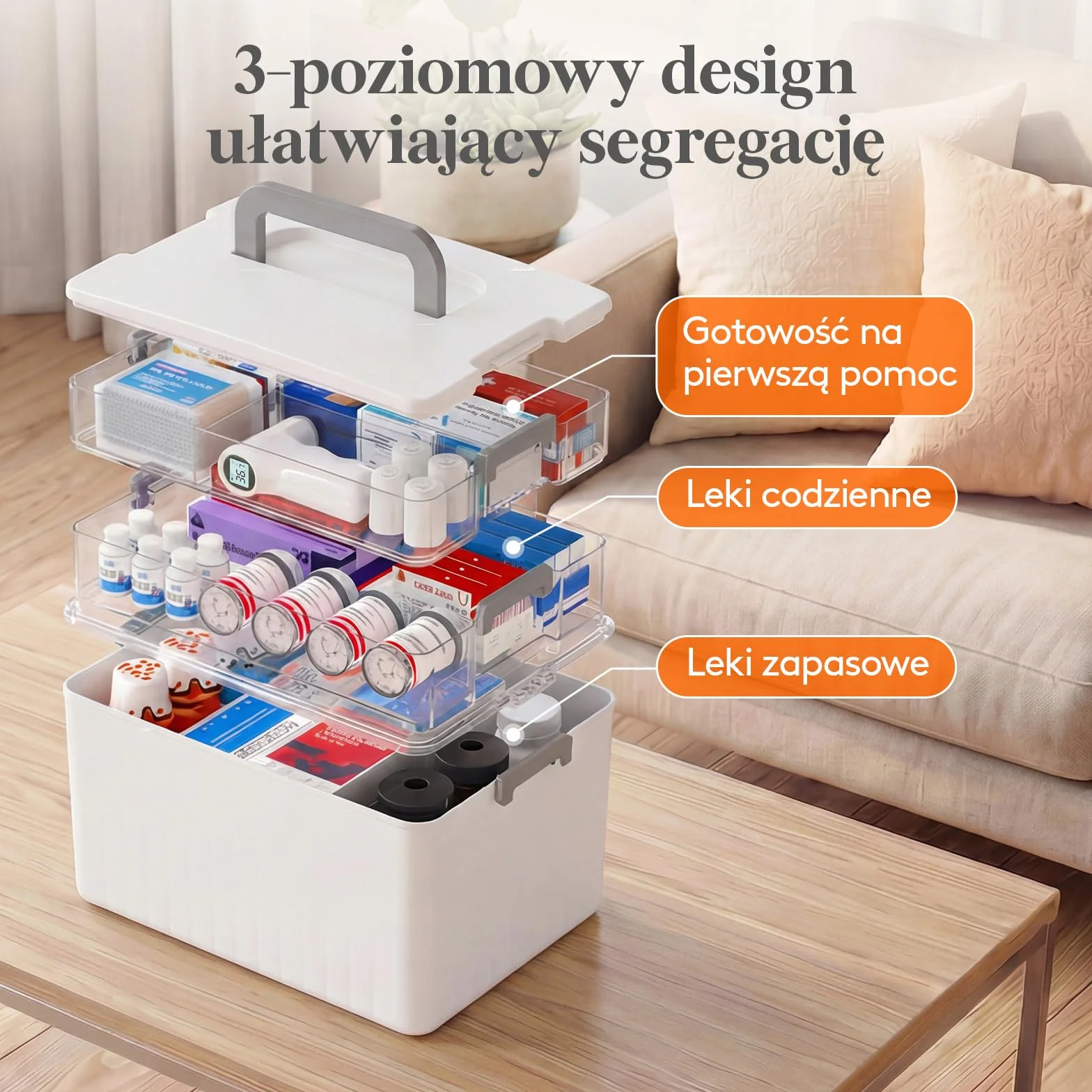 Lifewit Przenośna Apteczka, Pojemnik na Leki z Uchwytem na Butelki o Wysokości do 18 cm, Organizer na Leki do Domu, Biura, Szkoły, 3 Poziomy