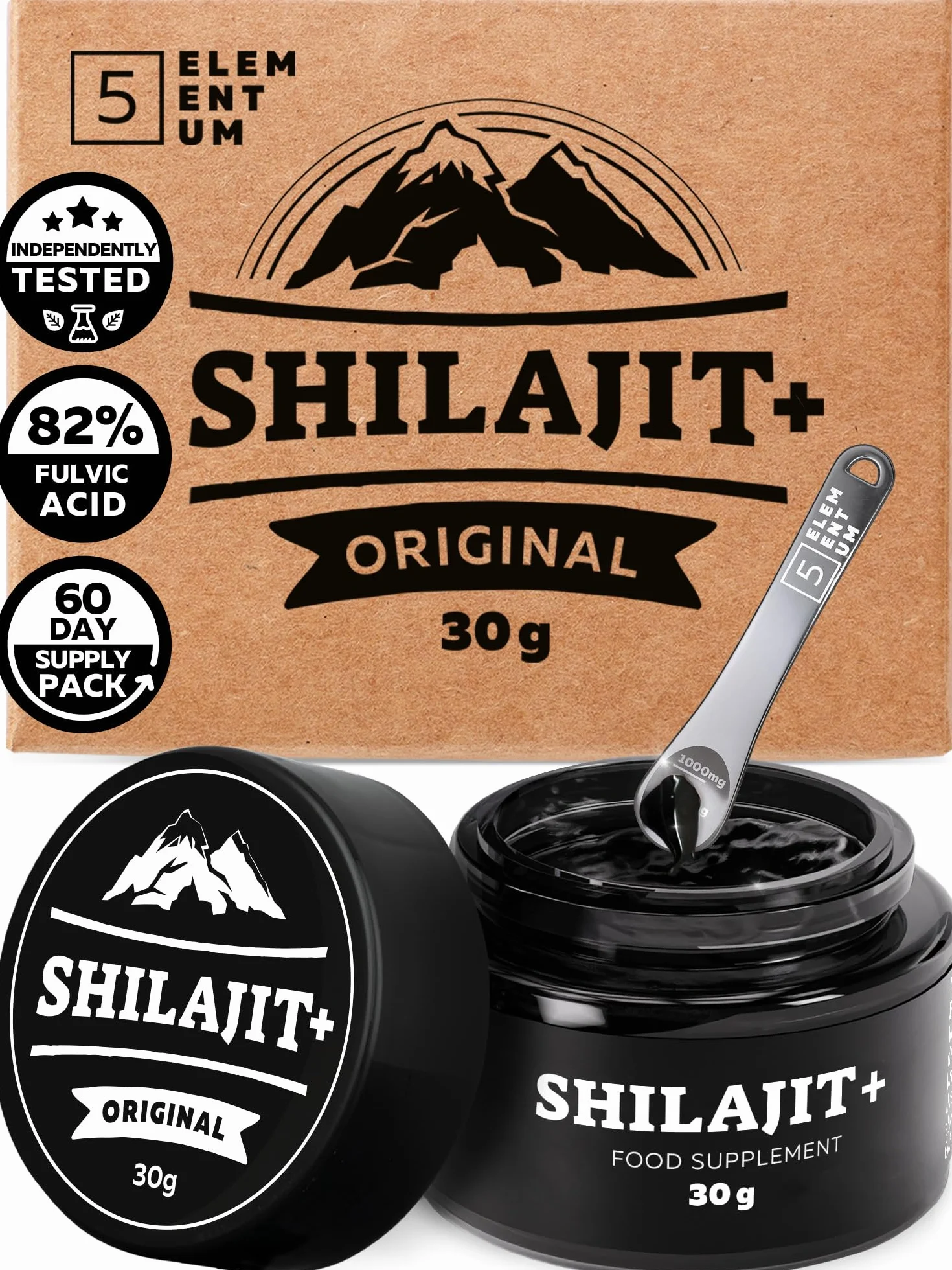 Shilajit Oryginalne Himalajskie Żywice – 85% Kwas Fulwowy – Z 87+ Naturalnymi Minerałami – Czyste Mumijo z Indii – Wegańskie, Bezglutenowe, Zbadane w Laboratorium (Eurofins) – 30 g = Zapas na 60 Dni