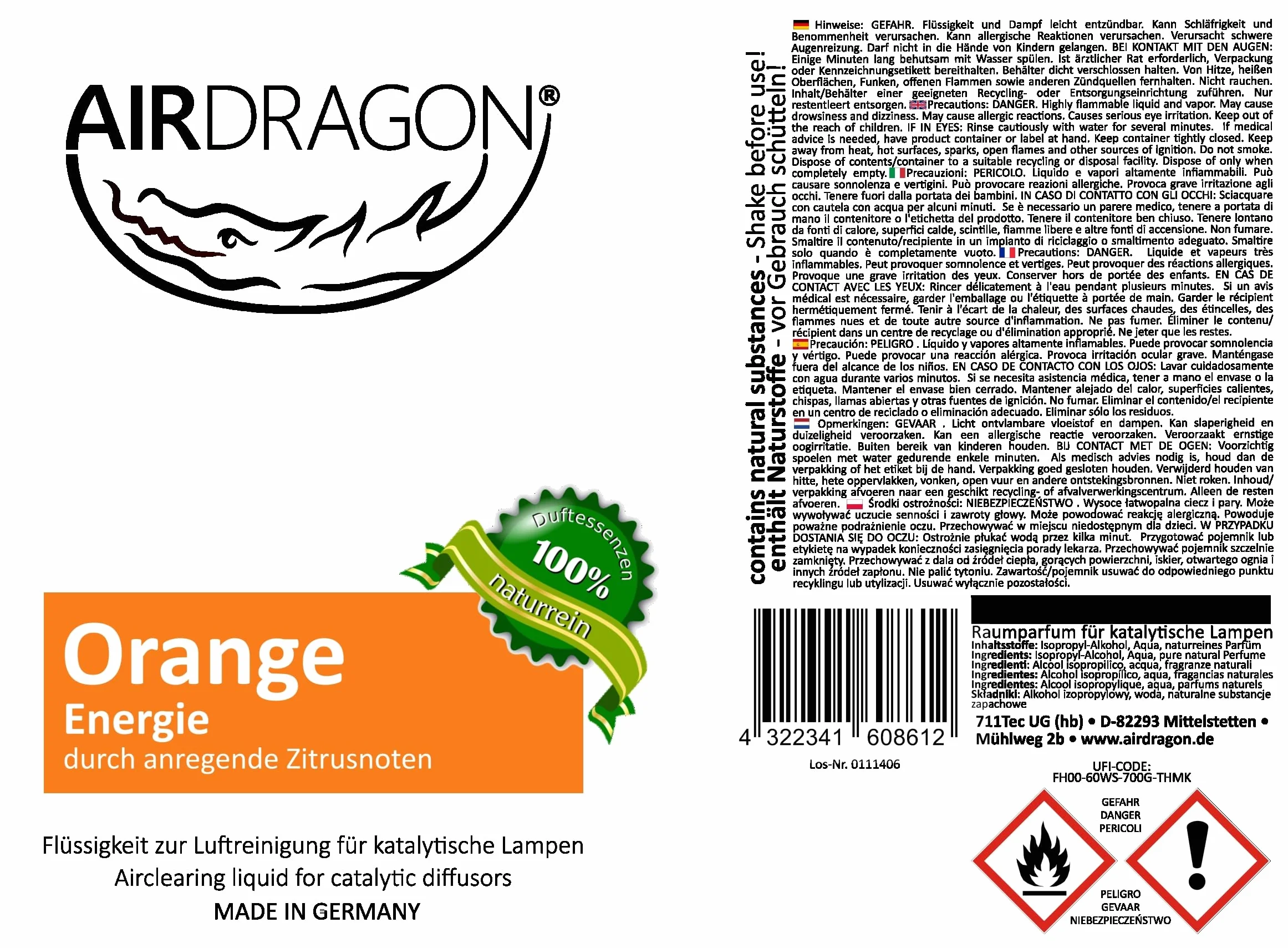 AIRDRAGON® Pomarańczowy 500 ml Premium naturalny zapach do pomieszczeń