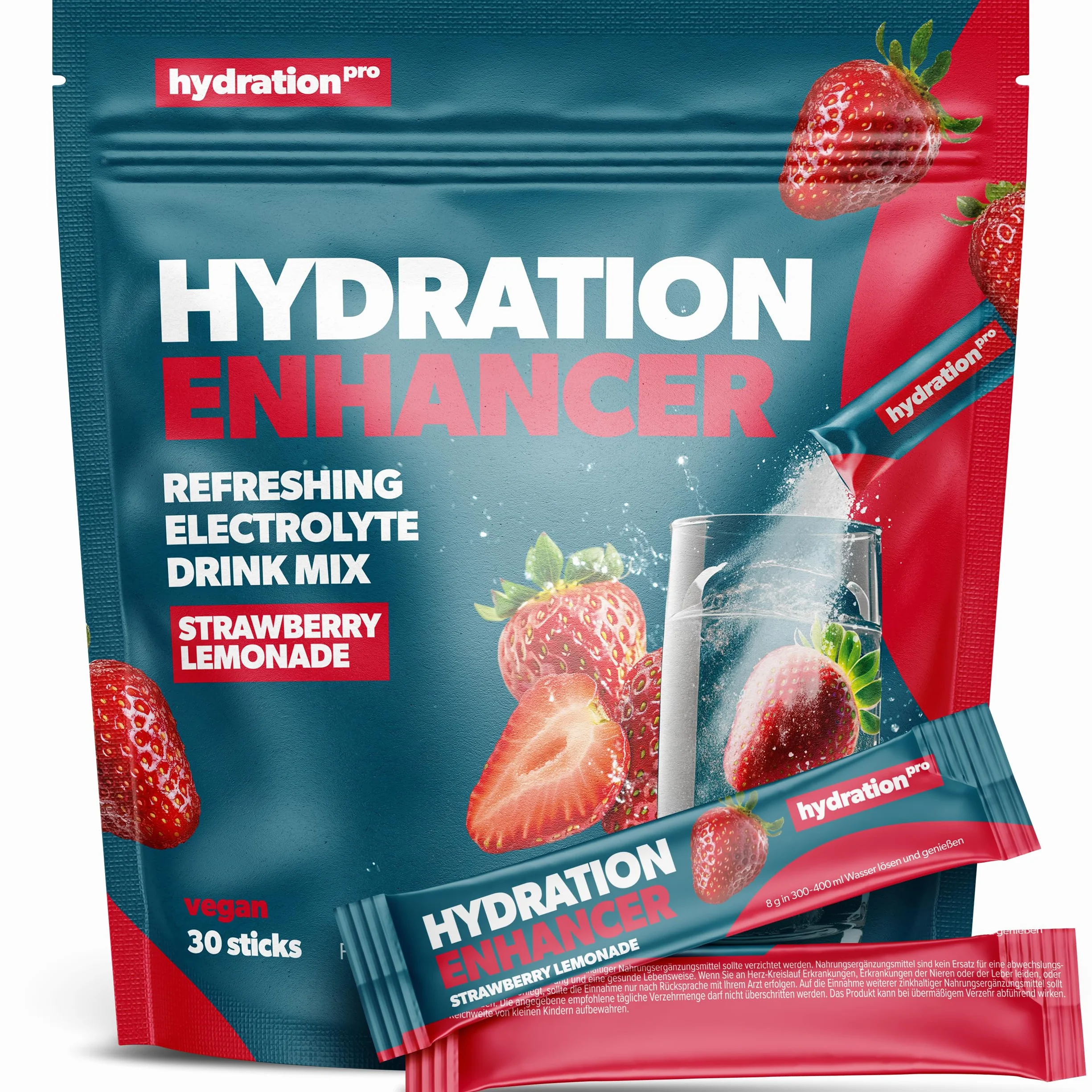 Proszek elektrolitowy 30 saszetek z witaminami, Elektrolity wegański, smak truskawkowy HydrationPro®