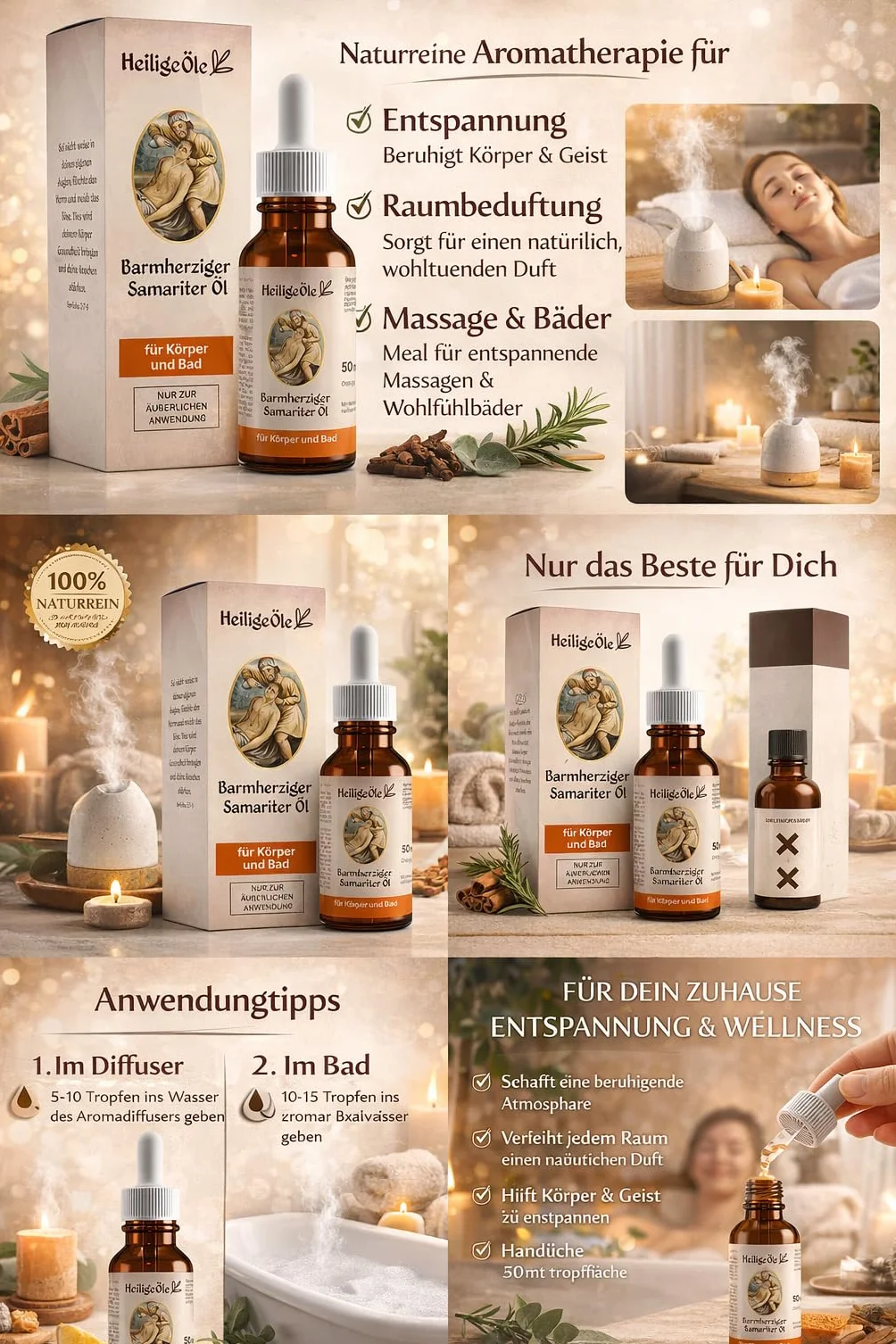 Olej Miłosiernego Samarytanina 50 ml | 5 olejków eterycznych (goździk, cytryna, rozmaryn, eukaliptus, cynamon) | formuła "Luz de Maria" | 100% naturalny | aromaterapia, olejek do kąpieli i ciała
