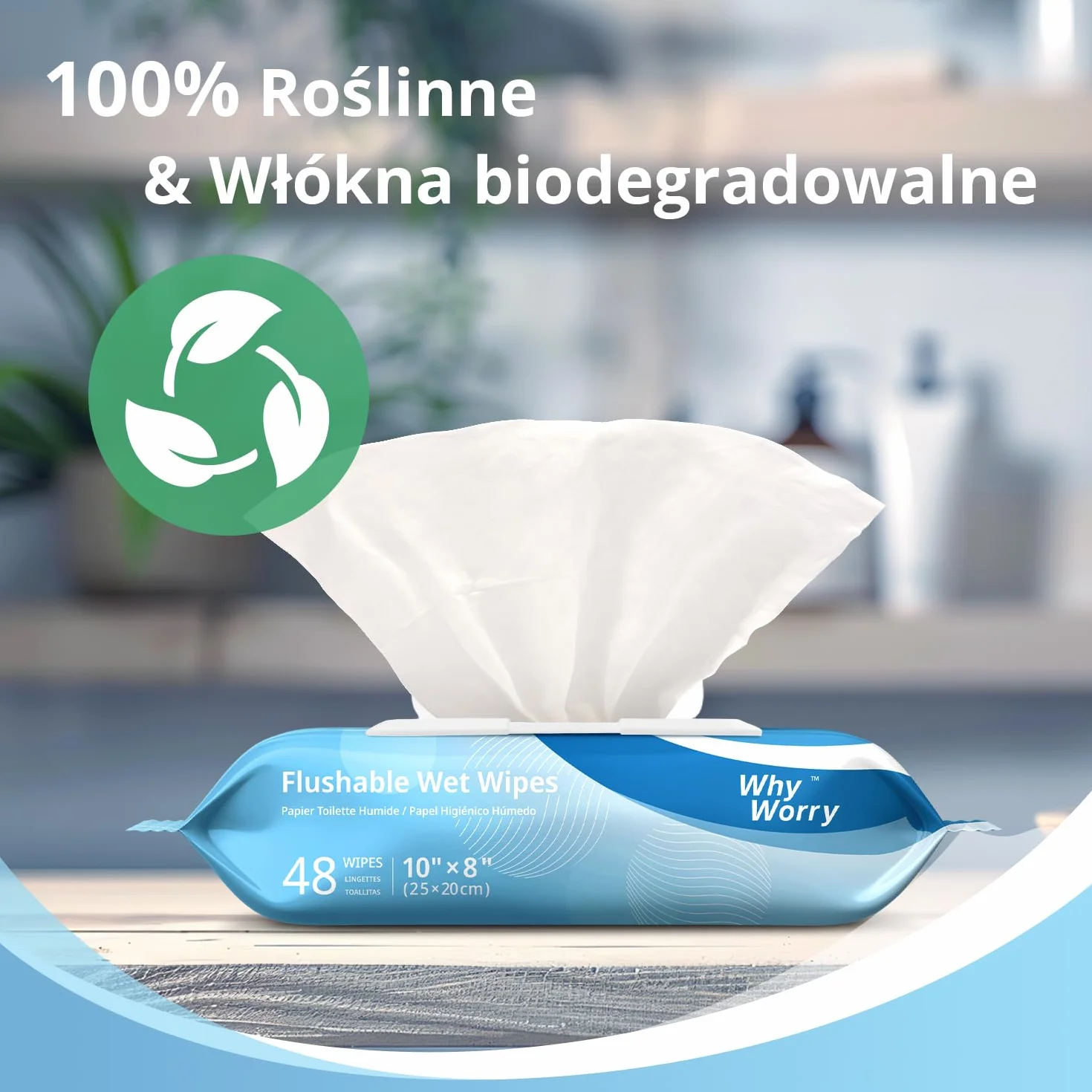 WhyWorry Wilgotny Papier Toaletowy Spłukiwalny 20x25cm Duże Nawilżany z Rumiankiem Biodegradowalny Bez Plastiku 144 Sztuk