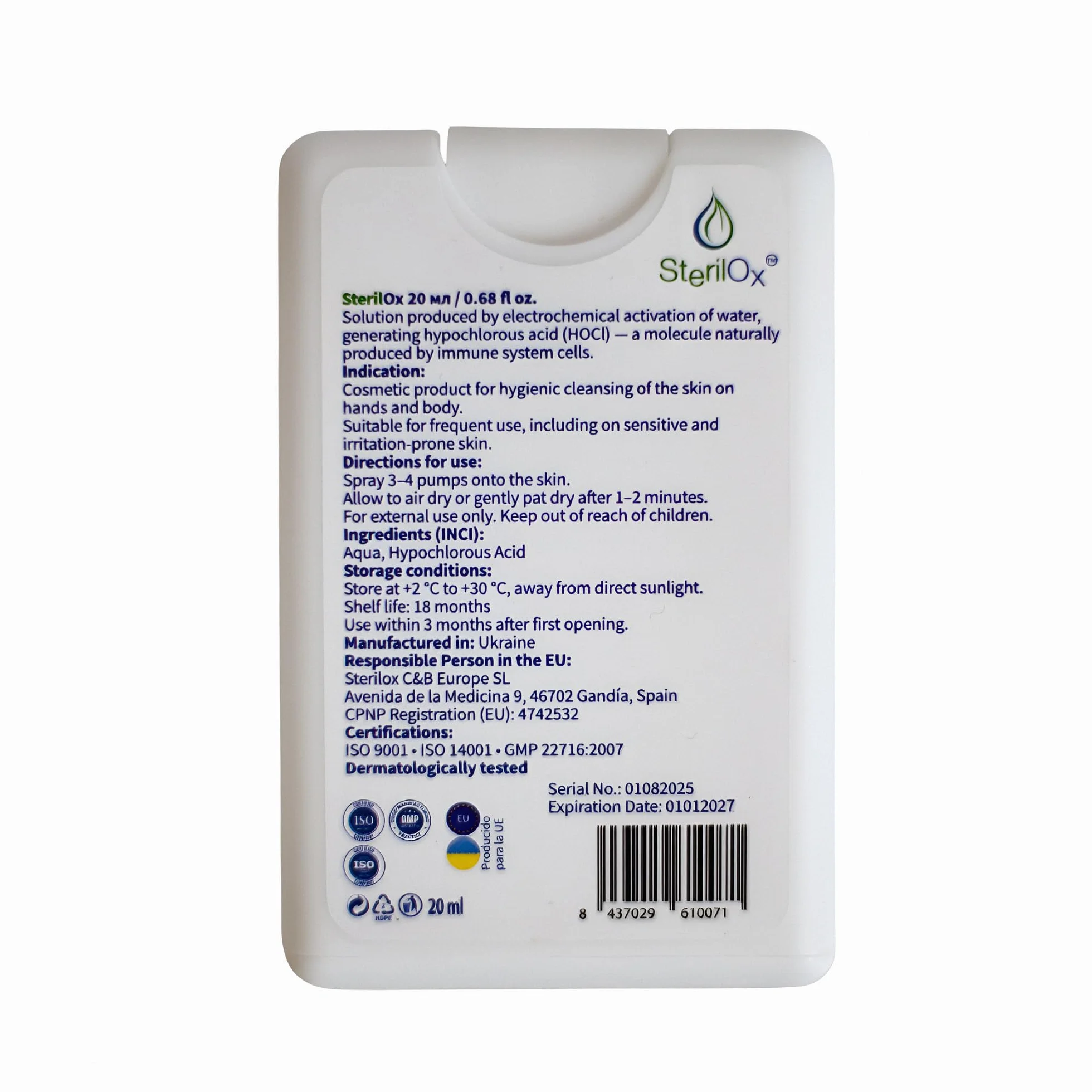 3 × 20 ml – higieniczny spray na bazie kwasu podchlorawego (HOCl), bezalkoholowy, do czyszczenia rąk i akcesoriów, mini zestaw do domu i podróży