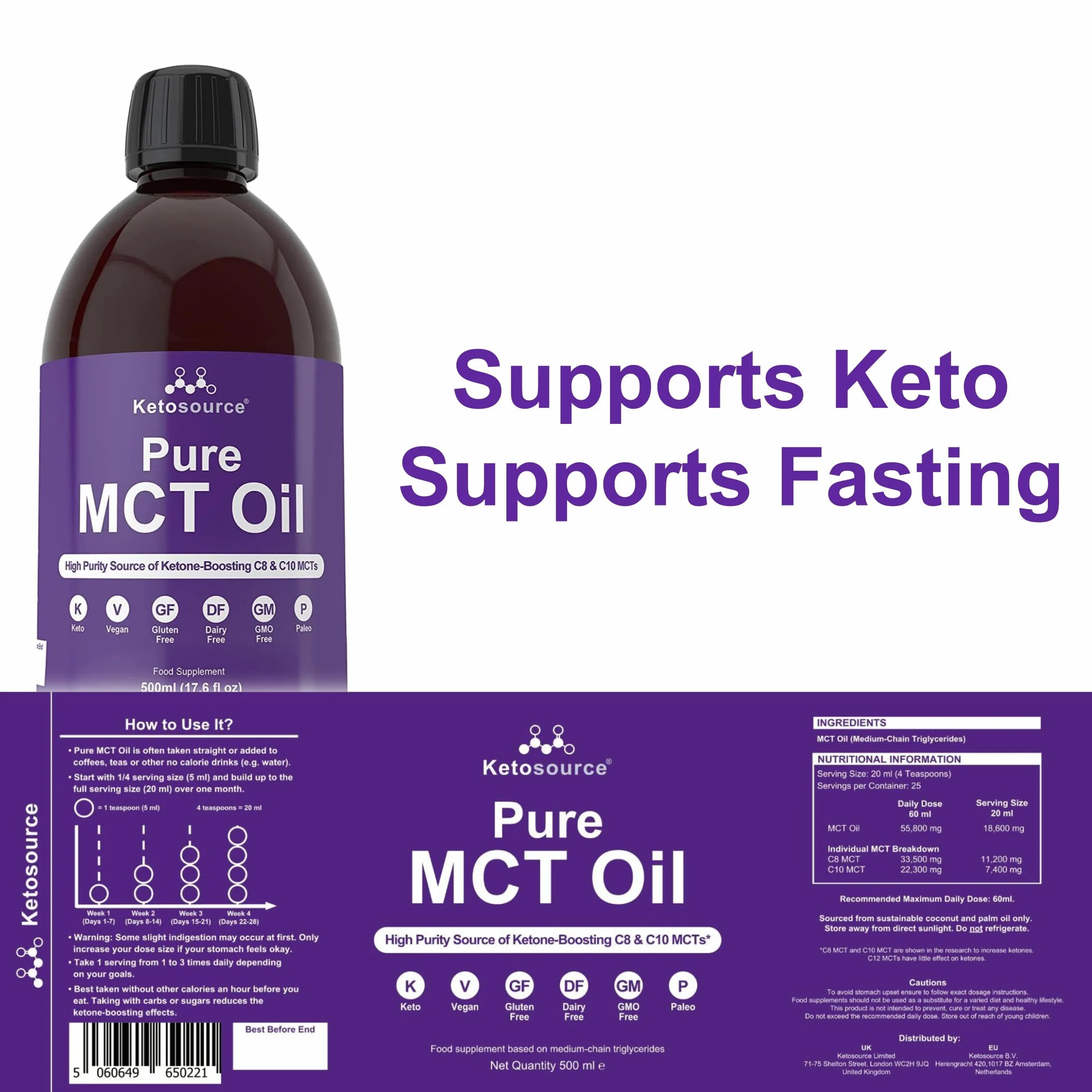 Ketosource Pure MCT Oil C8 C10 500ml Keto Supplement Vegan Gluten Free