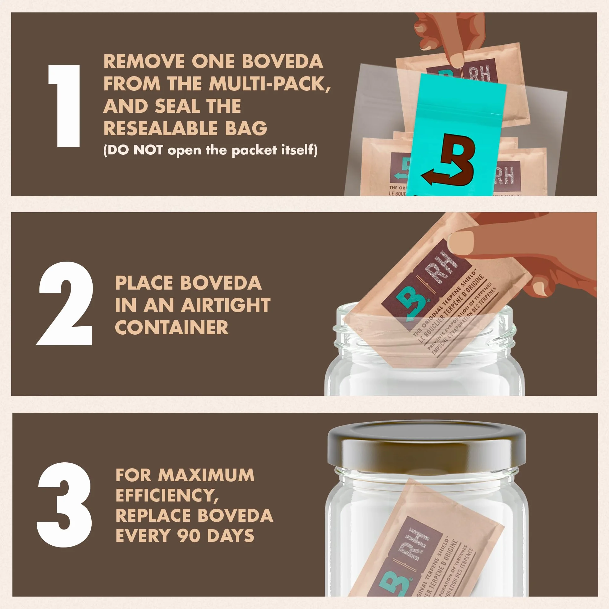 Boveda 58% Two-Way Humidity Control Packs For Storing 1 lb – Size 67 – 4 Pack – Moisture Absorbers for Storage Containers – Humidifier Packs – Hydration Packets in Resealable Bag