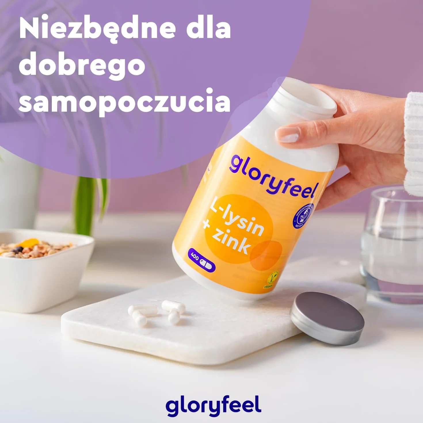 L-Lizyna - 400 wegańskich kapsułek - 1000 mg lizyny w wysokiej dawce dziennej - Niezbędny aminokwas z cynkiem dla układu odpornościowego oraz skóry, włosów i paznokci - Z fermentacji roślinnej