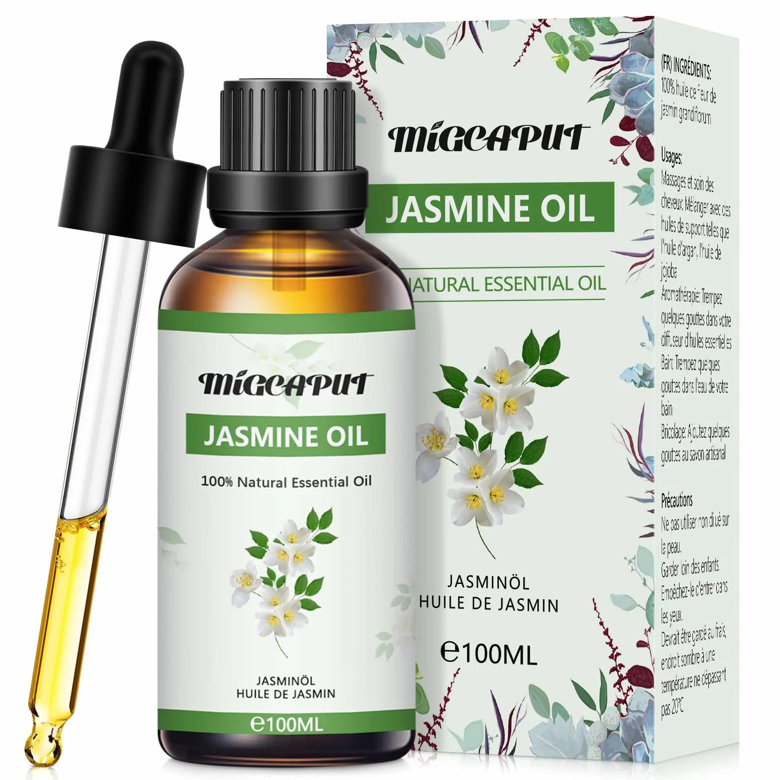 MIGCAPUT Olejek Eteryczny Jaśminowy 100ML, Naturalny Olejki Aromaterapeutyczny, Jaśminowy Olejek Zapachowy Premium do Dyfuzora, SPA, Masażu, Ręcznie Robione Mydło, Ręcznie Robione Świece