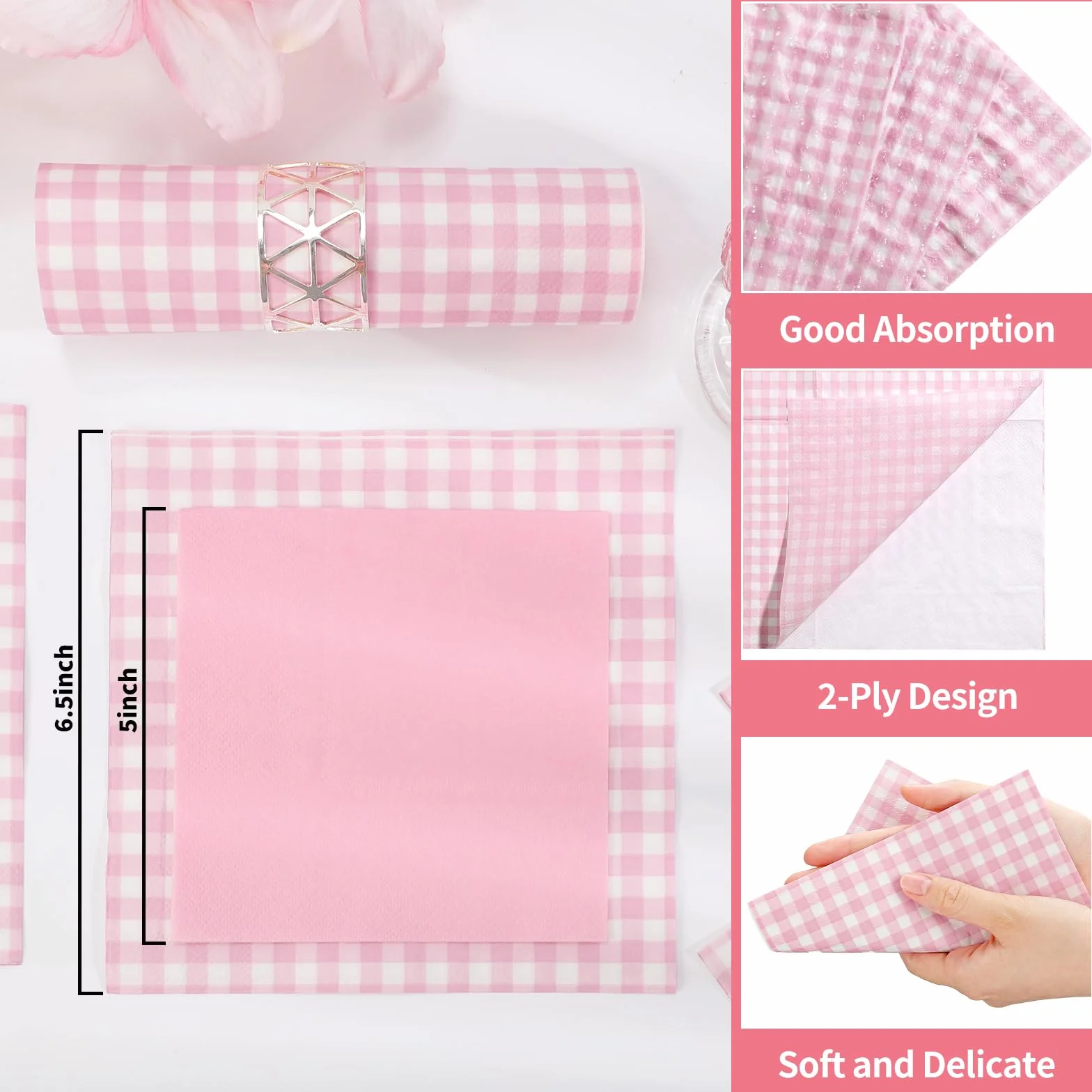 Różowe papierowe serwetki w kratkę 16,5 cm 2-warstwowe jednorazowe na wesela baby shower