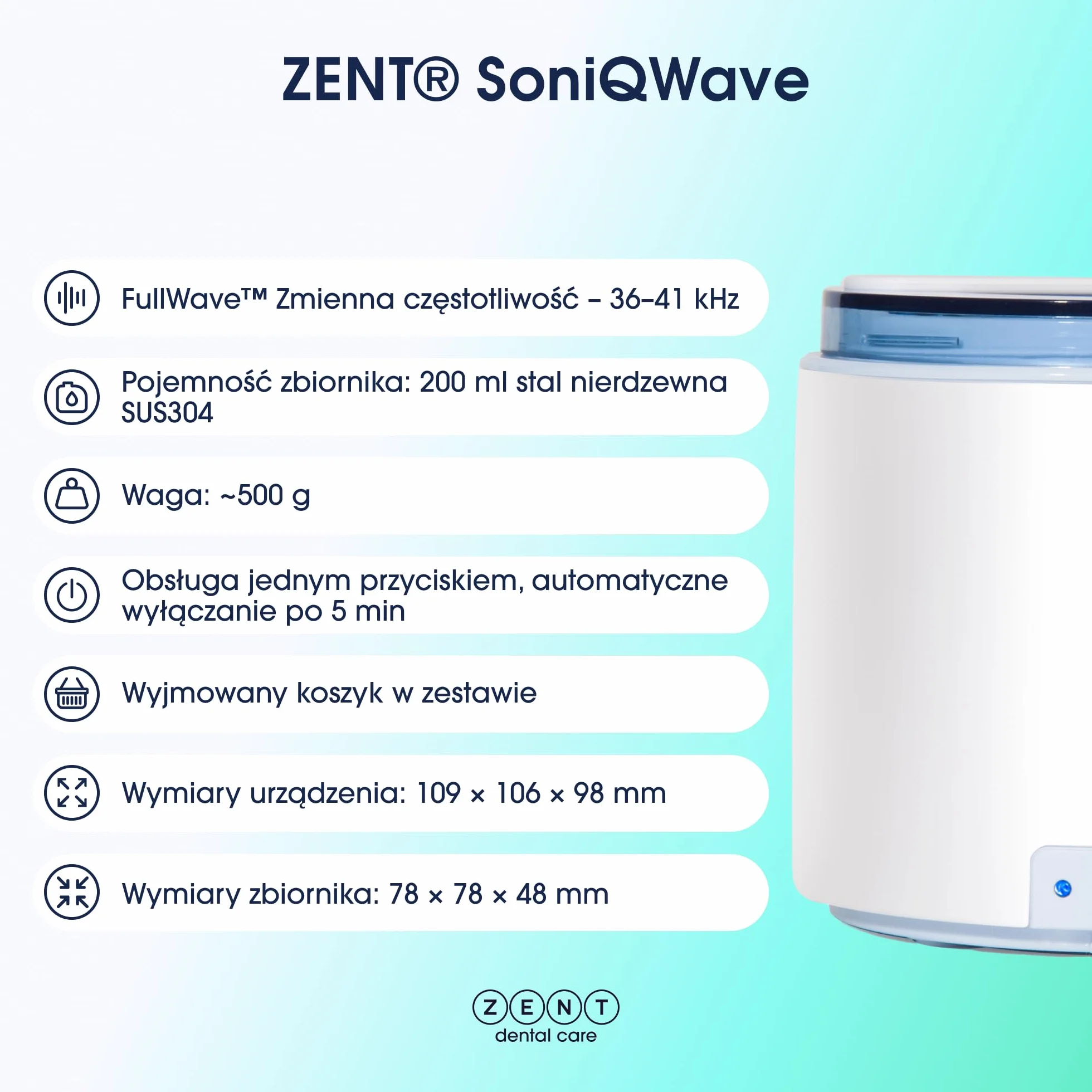 ZENT SoniQWave Myjka ultradźwiękowa Stal nierdzewna 5-minutowy cykl Technologia czyszczenia 360°