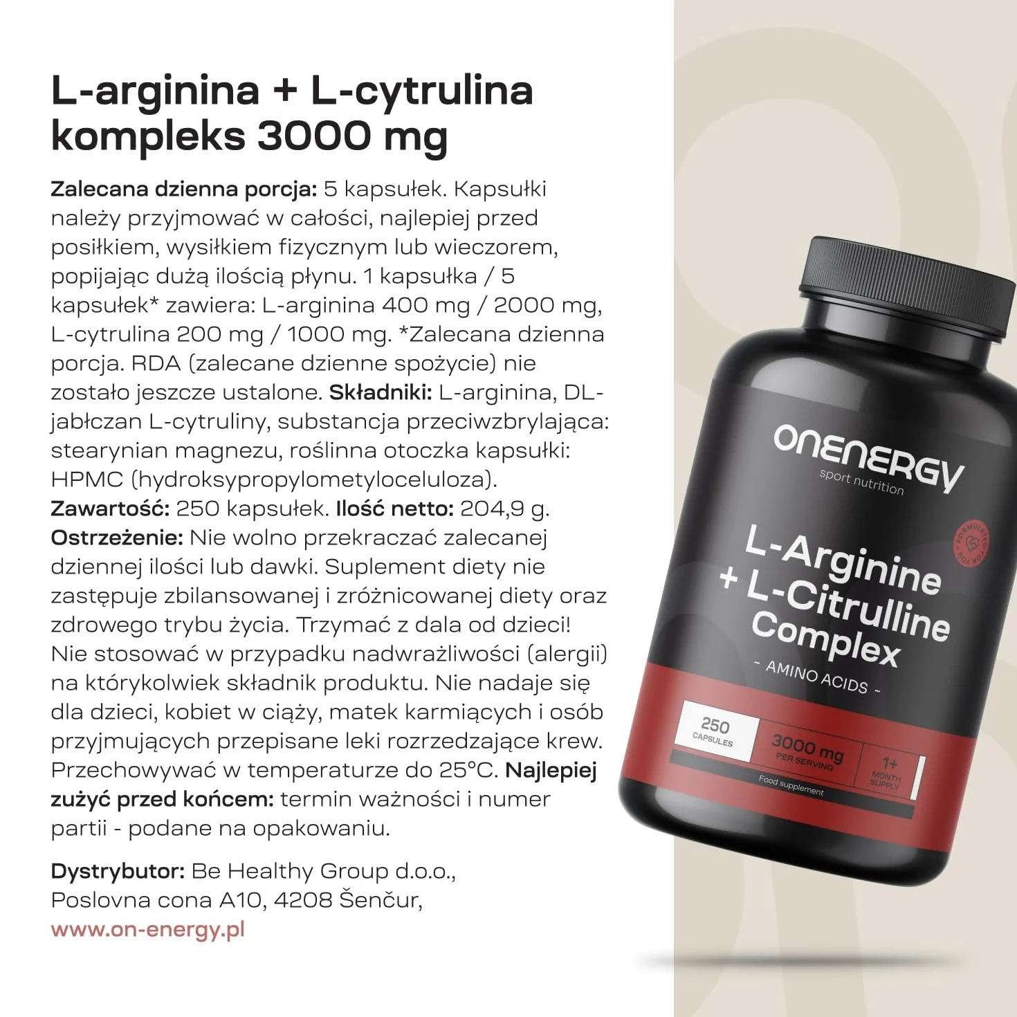 L-arginina + L-cytrulina kompleks 3000 mg OnEnergy 250 kapsułek aminokwasy energia regeneracja przed i po treningu