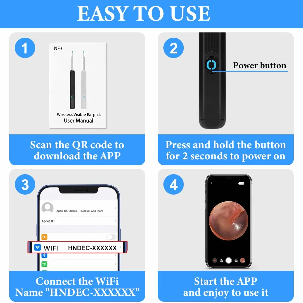 ACWOO Otoskop endoskop, Otoskop cyfrowy, endoskop do uszu, aparat uszy 1296P WIFI oczyszczacz uszu z 6 diodami LED, 4,5 mm HD endoskop ucha, zestaw do czyszczenia uszu dla iOS i Androida (czarny)