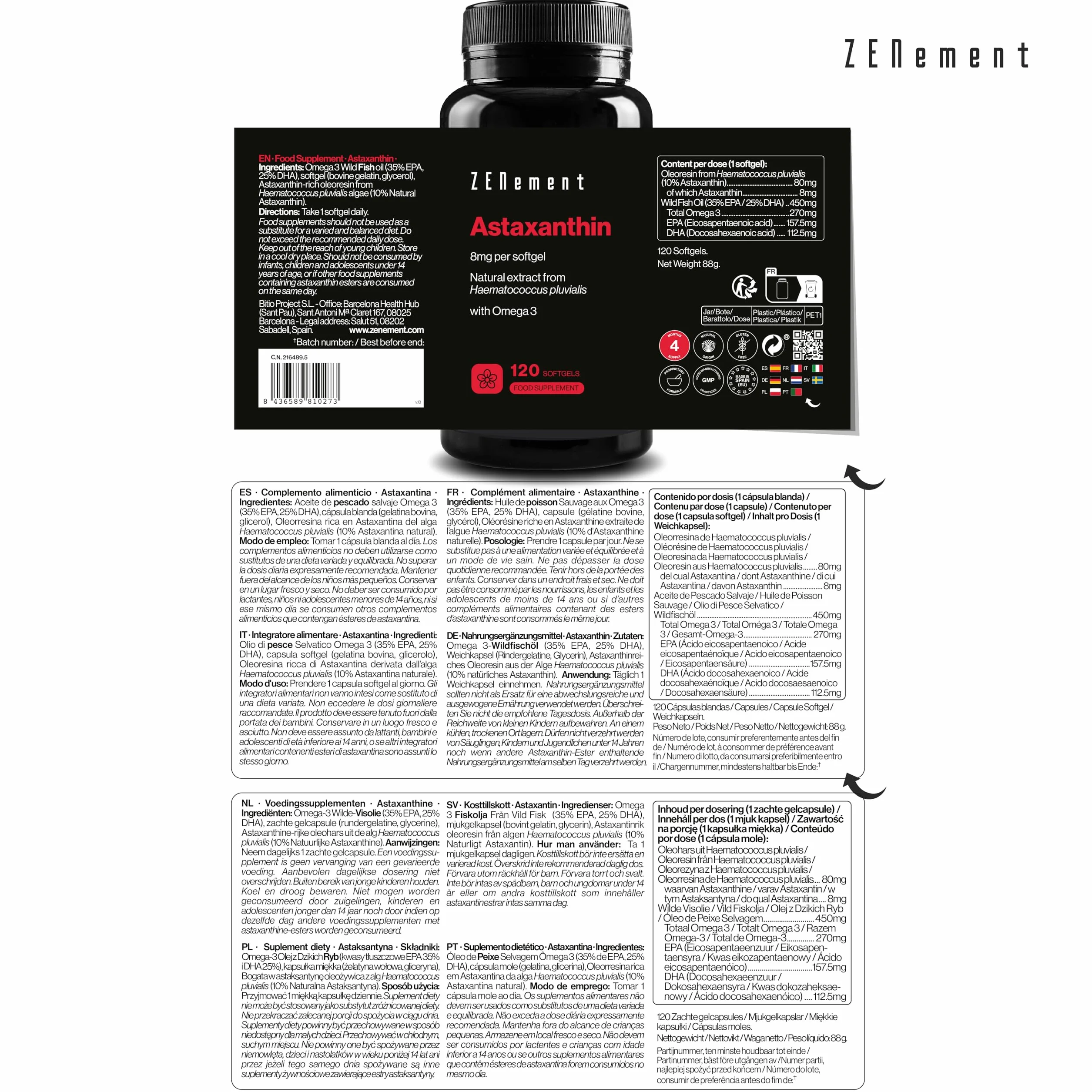 Astaksantyna 8 mg z Haematococcus pluvialis Omega-3 120 kapsułek Zenement