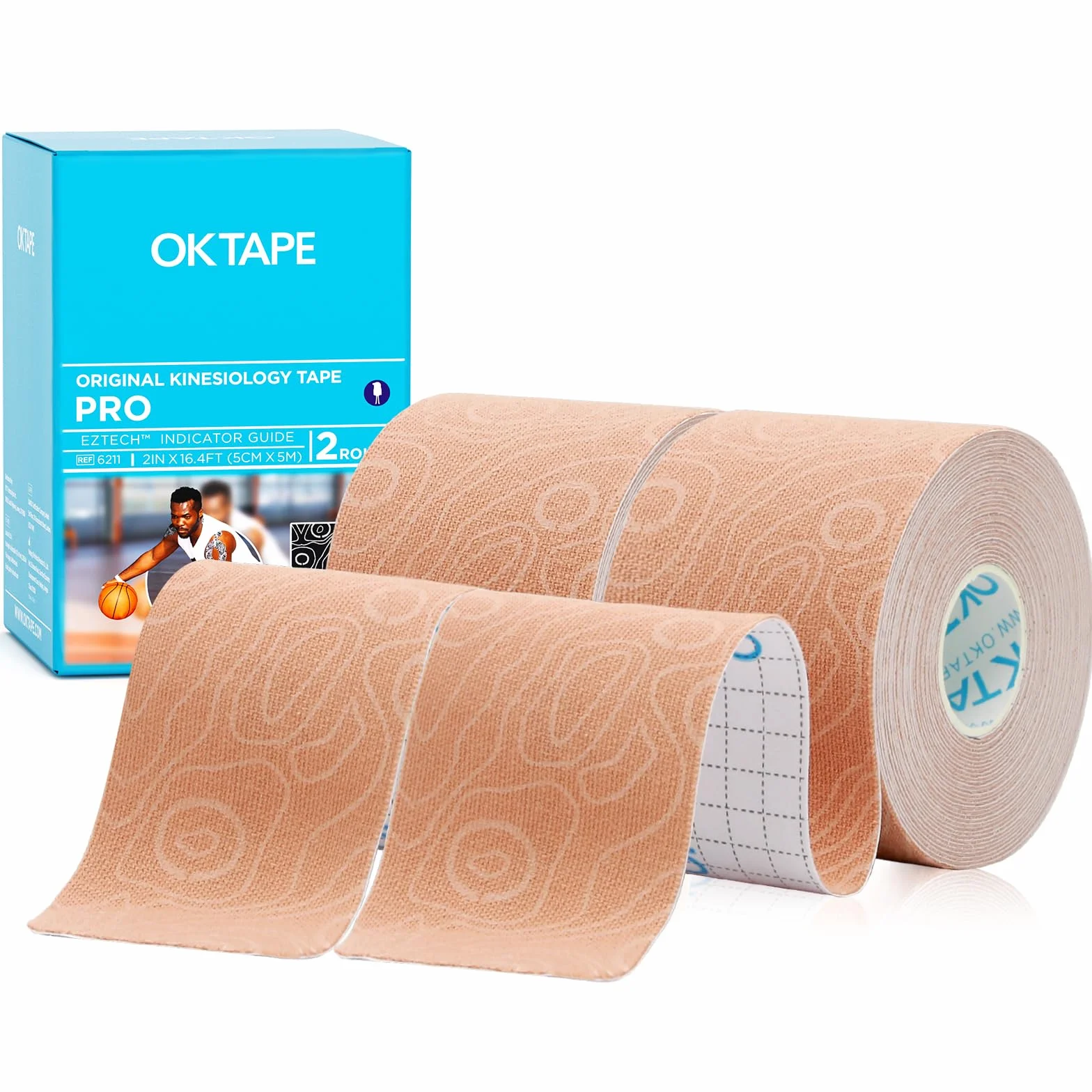 OK TAPE PRO taśma kinezjologiczna, taśma fizjoterapeutyczna, opaska medyczna, sport i fizjoterapia, 5 cm x 5m, 2 rolki, beżowy
