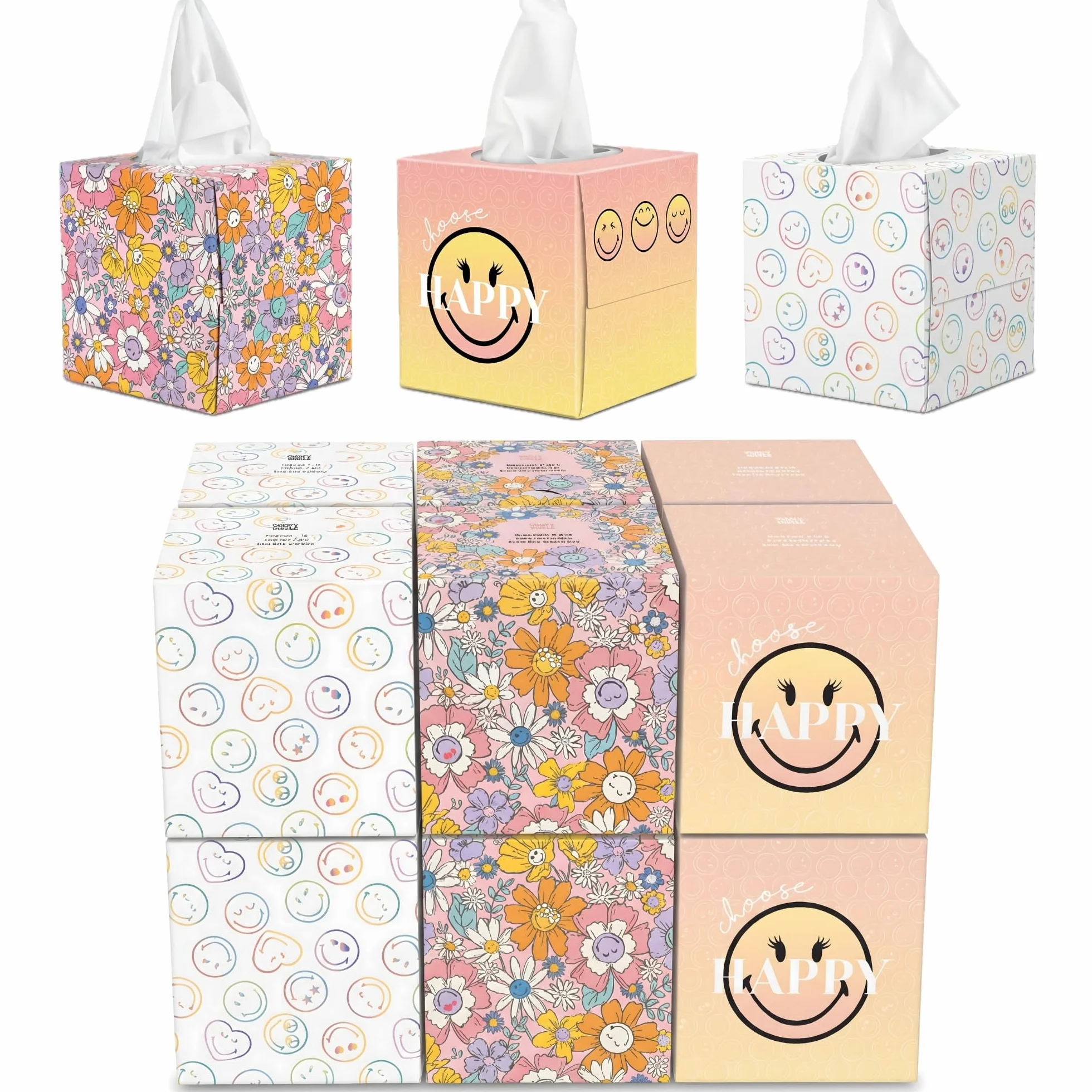 SMILEYWORLD Chusteczki - łącznie 576 arkuszy, 3 fałdy - wzór sześcianu (3 różne wzory) - 48 arkuszy w pudełku, 12 pudełek w kartonie | Chusteczki papierowe, ultra miękkie pudełko na chusteczki