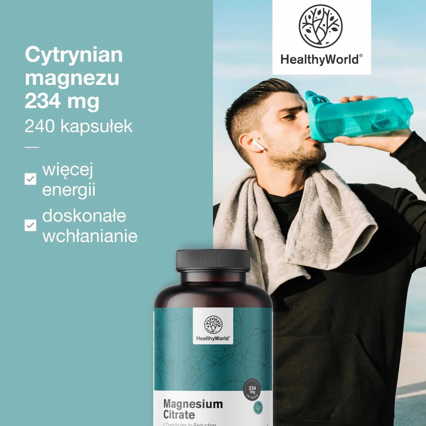 HealthyWorld Cytrynian magnezu 234 mg - 240 Kapsułek Roślinnych - Na ponad 7 Miesięcy - 480 mg Cytrynianu Magnezu i 270 mg Tlenku Magnezu - Na Wsparcie Mięśni i Wzrost Energii