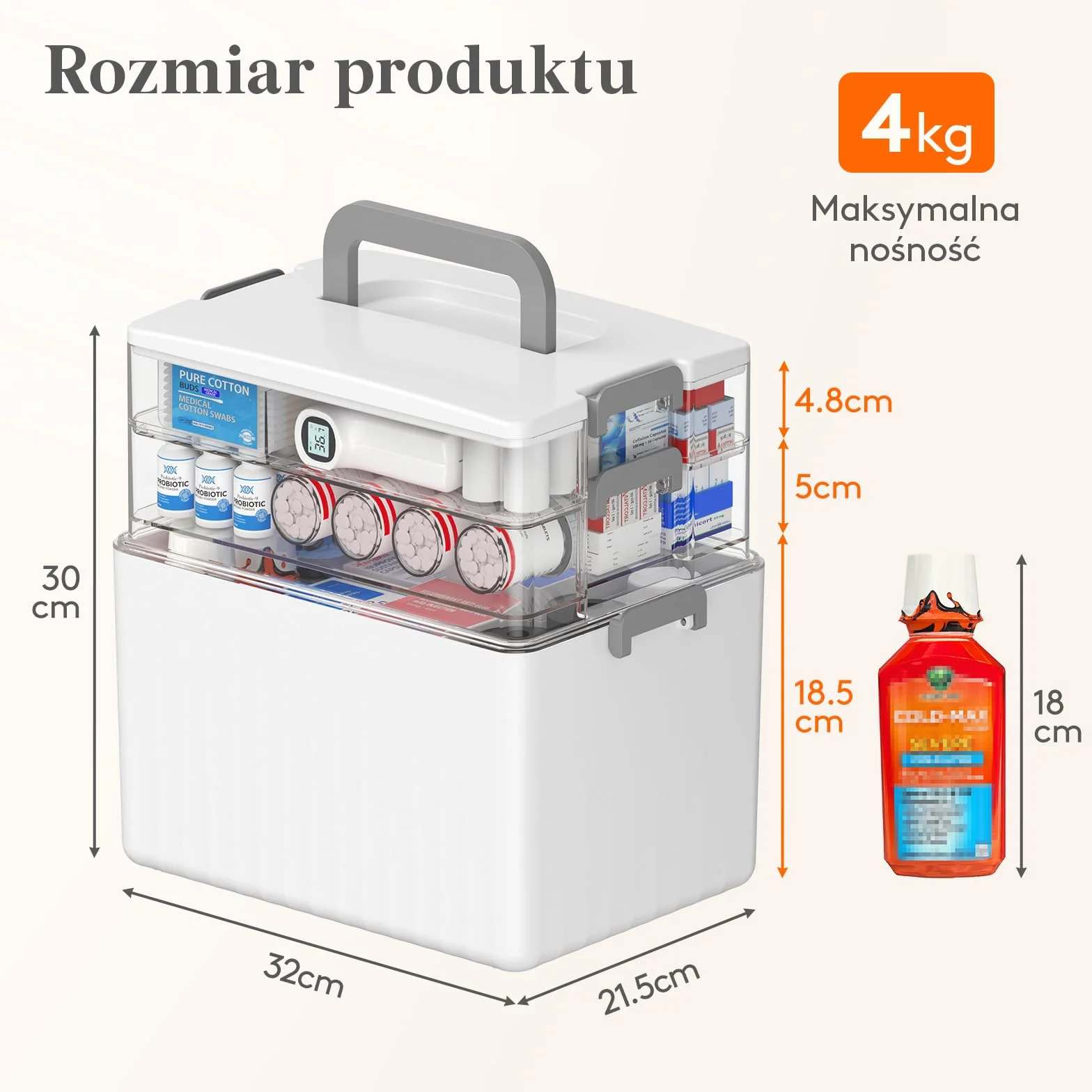 Lifewit Przenośna Apteczka, Pojemnik na Leki z Uchwytem na Butelki o Wysokości do 18 cm, Organizer na Leki do Domu, Biura, Szkoły, 3 Poziomy
