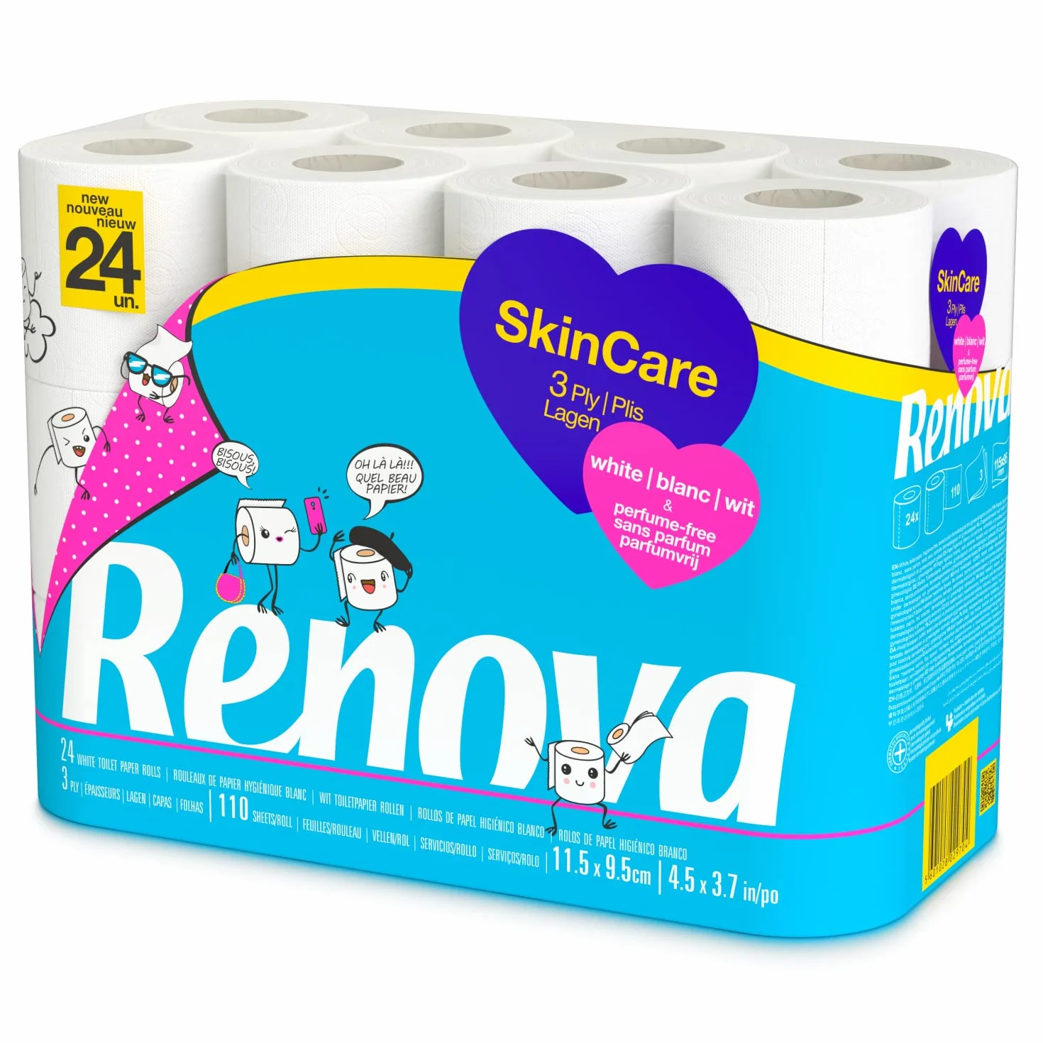 RENOVA Skincare 3-warstwowy biały papier toaletowy, 24 rolki