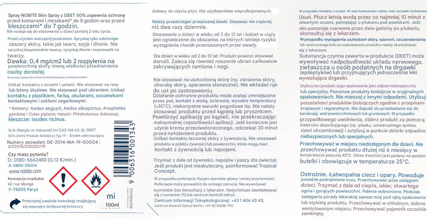 NOBITE Spray do Skóry 4x100ml – Silny Środek na Komary i Kleszcze, DEET 50%