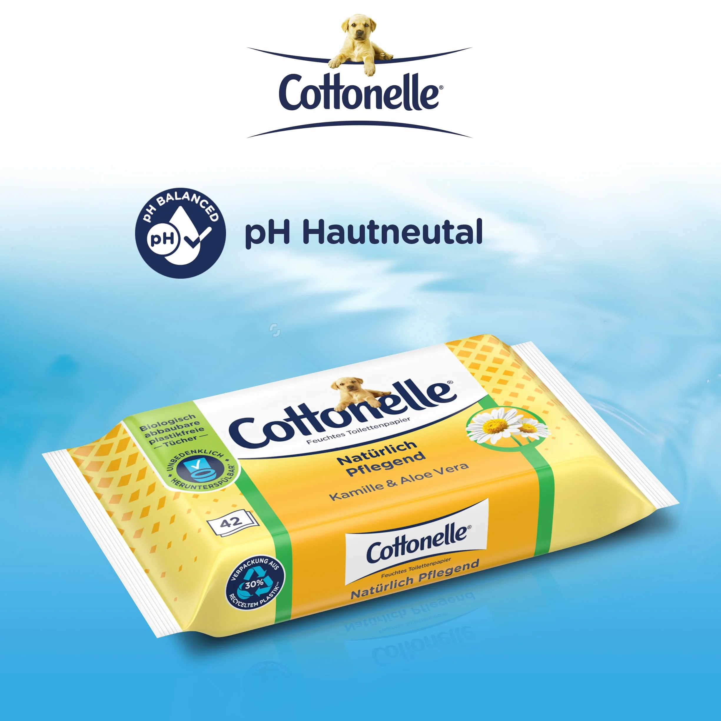Cottonelle Wilgotny papier toaletowy, naturalnie pielęgnujący – rumianek i aloes, biodegradowalny, nie zawiera plastiku, możliwość ponownego zamknięcia, opakowanie ekonomiczne, 12 x 42 chusteczki